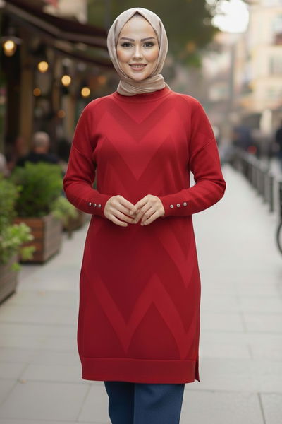 Kol Düğmeli Tiiko Tunik - 28081-KIRMIZI 