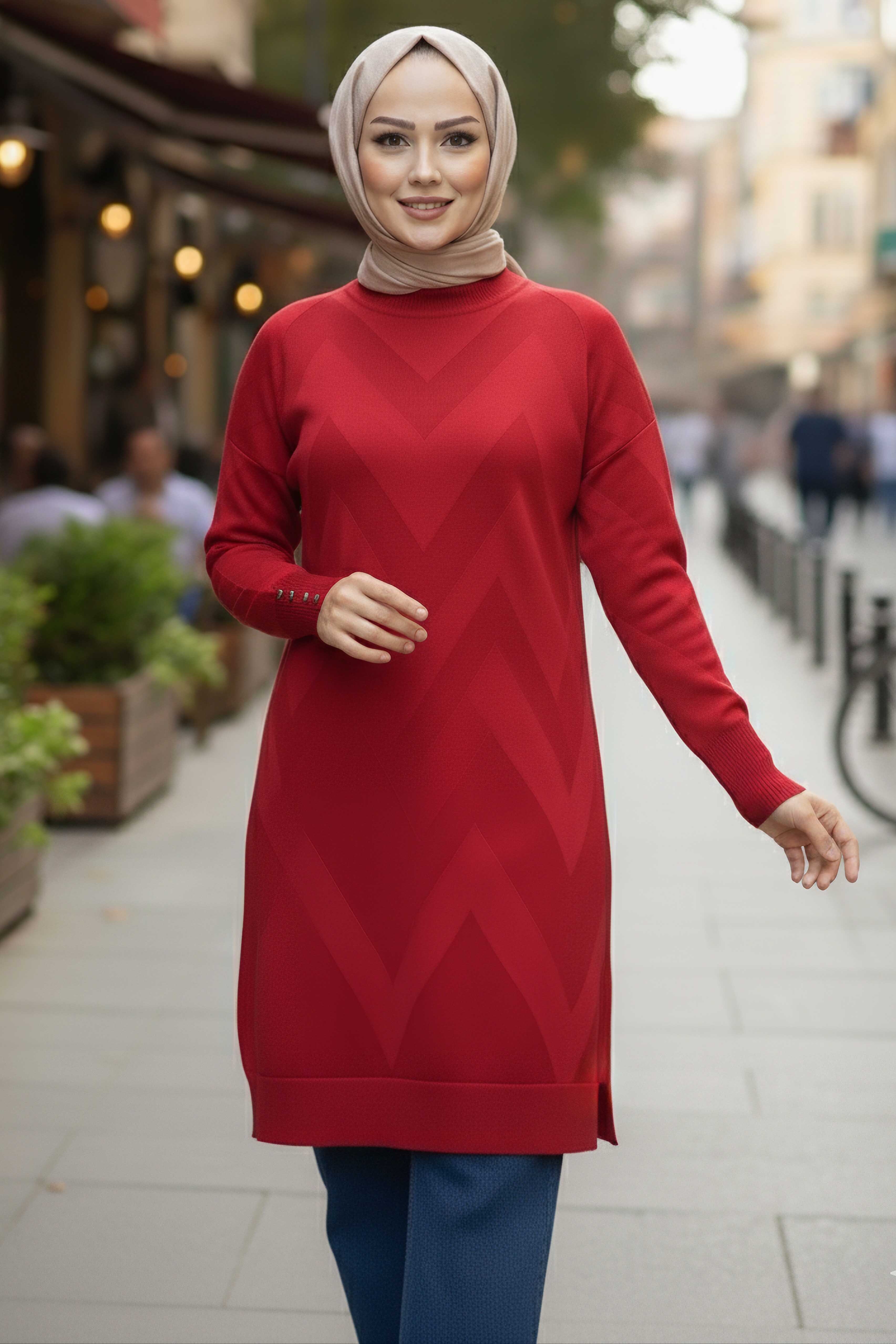 Kol Düğmeli Tiiko Tunik - 28081-KIRMIZI - 2