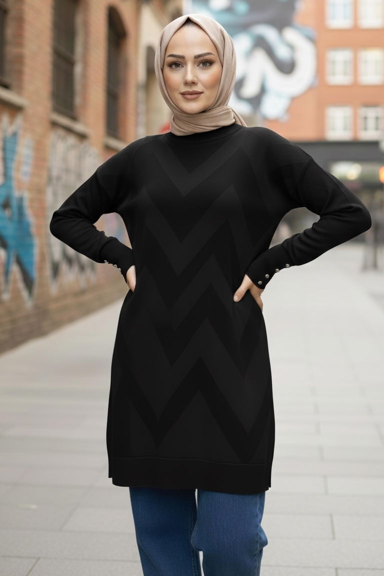 Kol Düğmeli Tiiko Tunik - 28081-SIYAH - TOFİSA