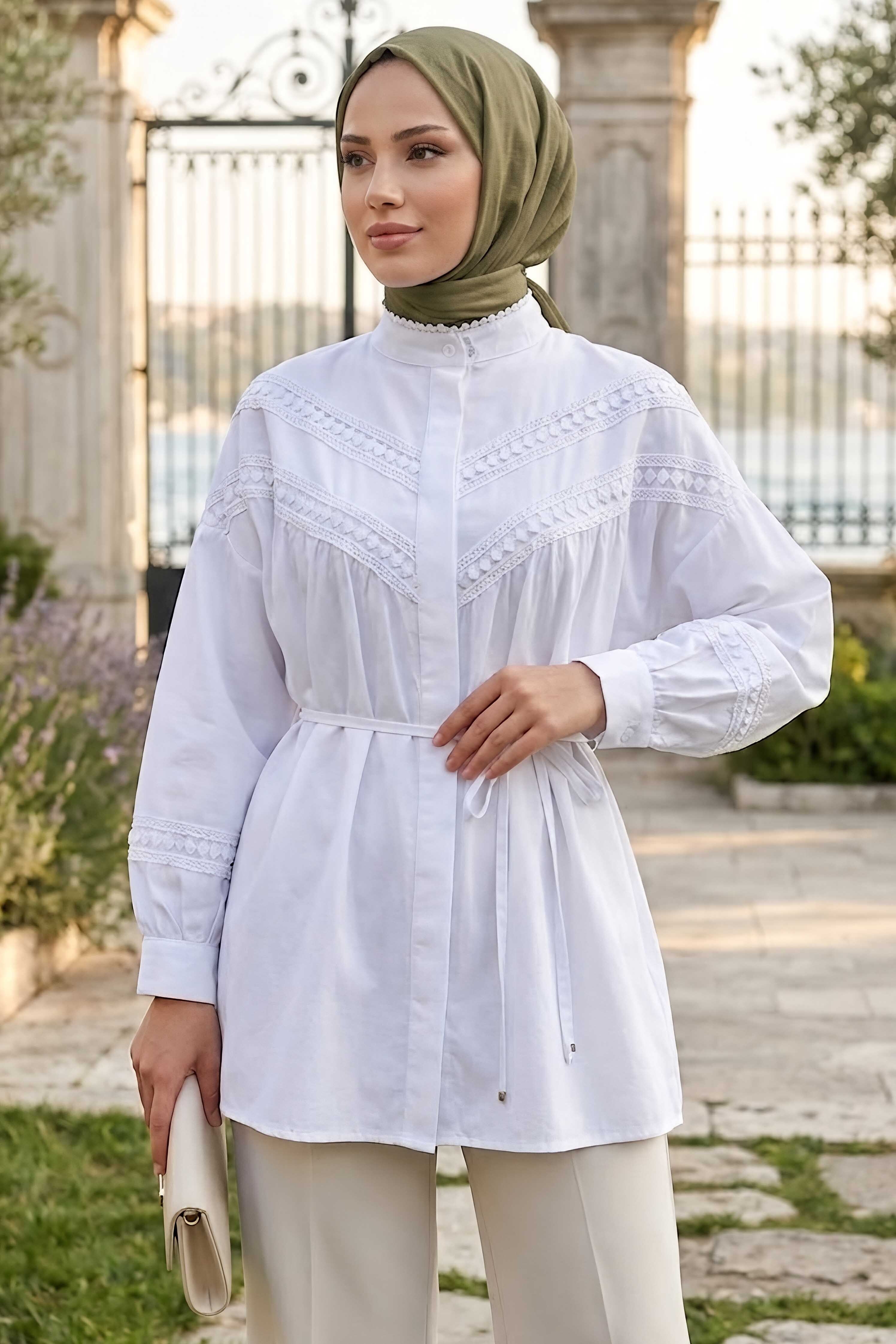 Kol Göğüs Dantel Detaylı Tunik Beyaz - 28502-BEYAZ - 1