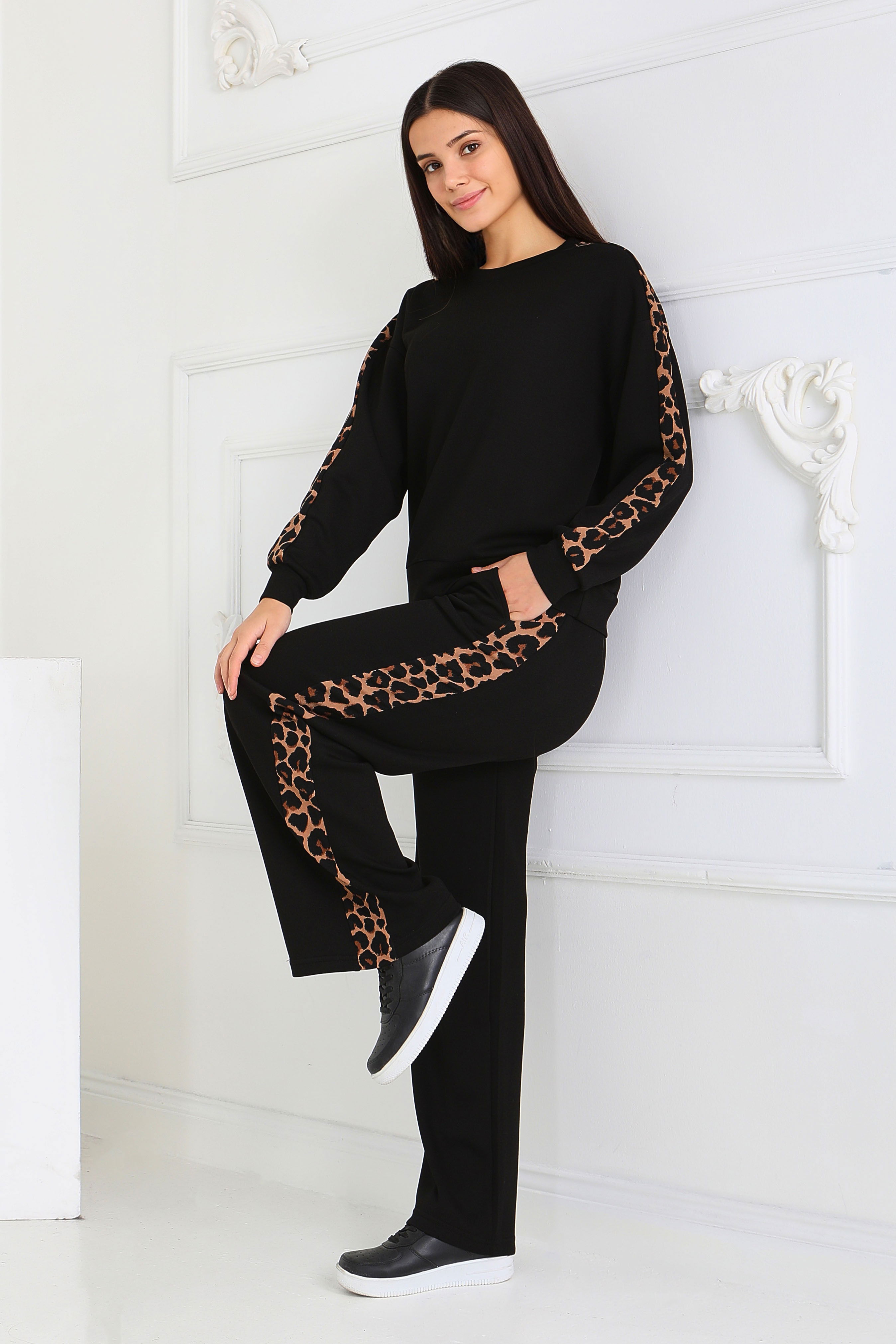 Kol Leopar Detaylı Modal İkili Takım - 27884-SIYAH - 2