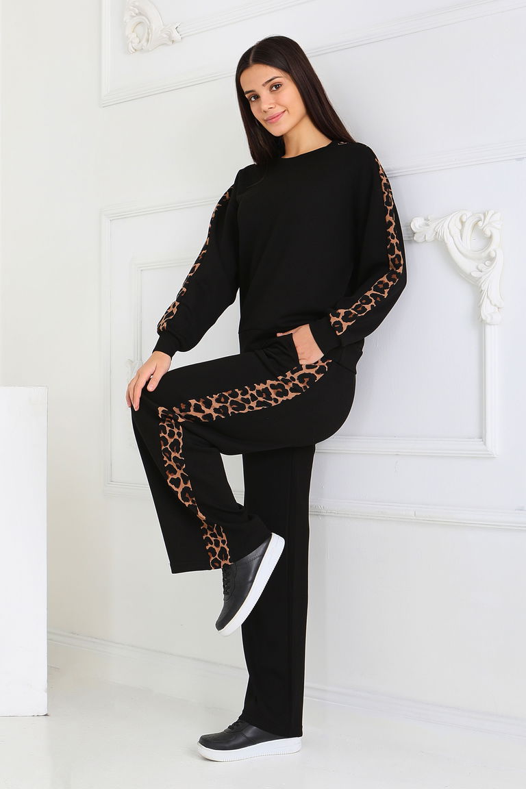 Kol Leopar Detaylı Modal İkili Takım - 27884-SIYAH - TOFİSA