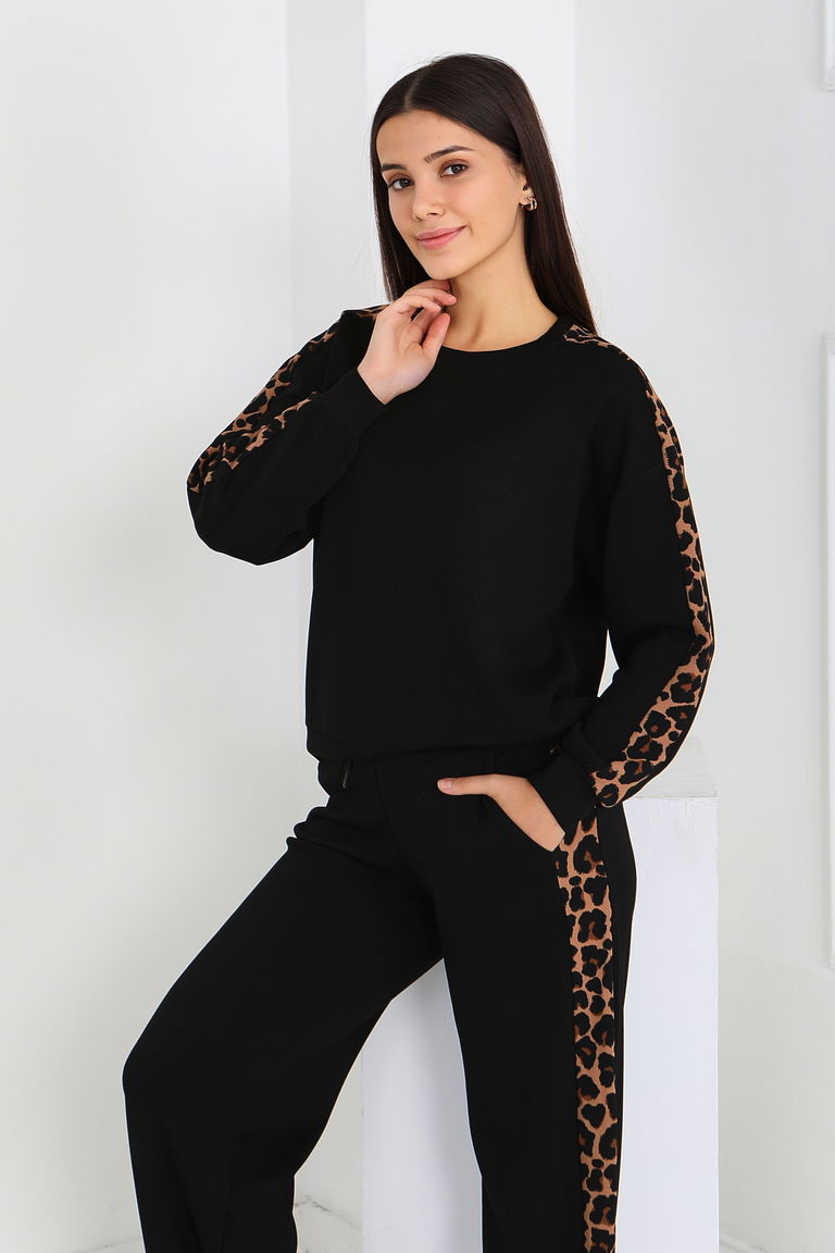 Kol Leopar Detaylı Modal İkili Takım - 27884-SIYAH - TOFİSA