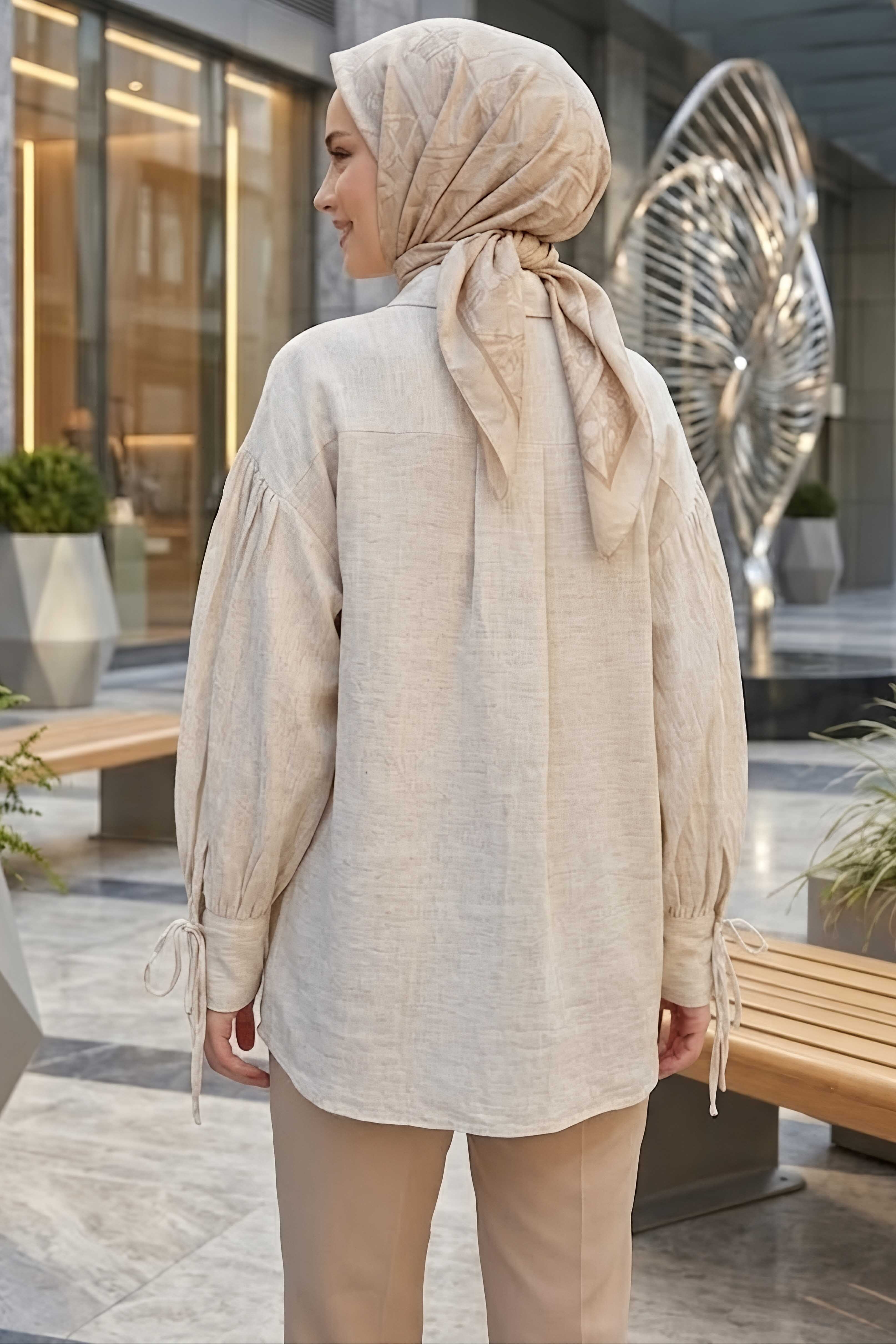Kol Uçları Bağcık Detaylı Gömlek Taş - 28880-TAS - 3