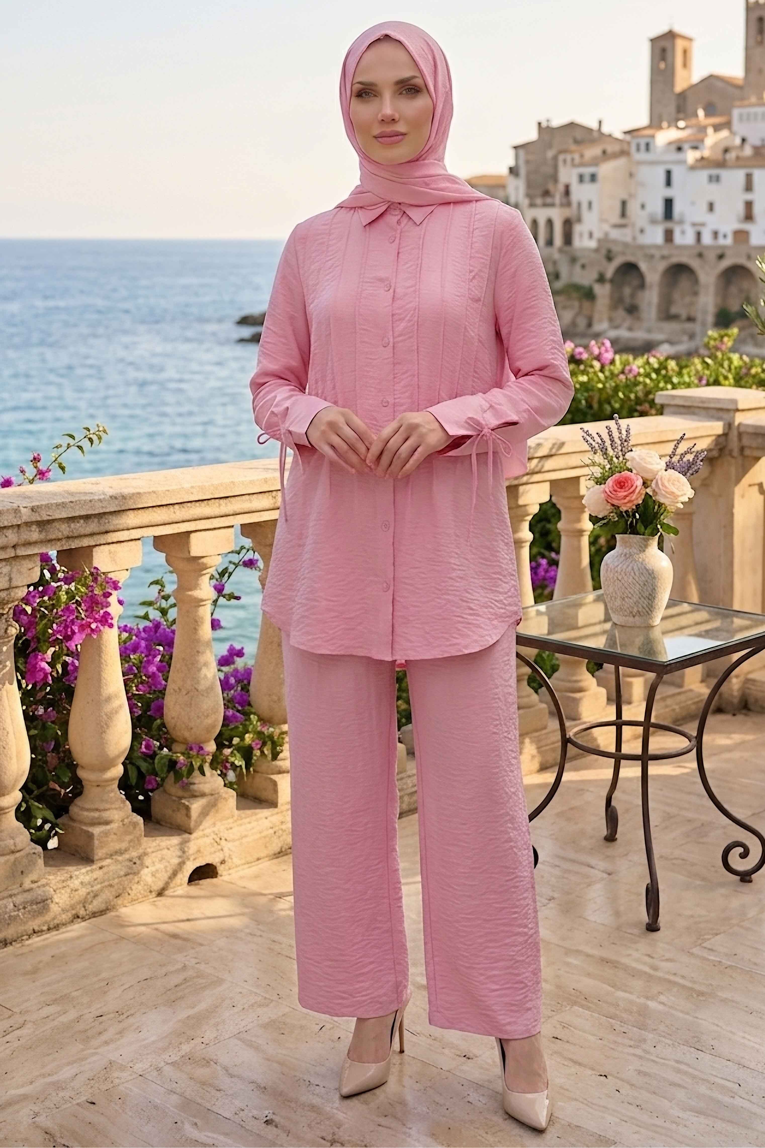 Kol ucu Bağcık Deataylı İkili Takım Pembe - 28779-PEMBE - 1