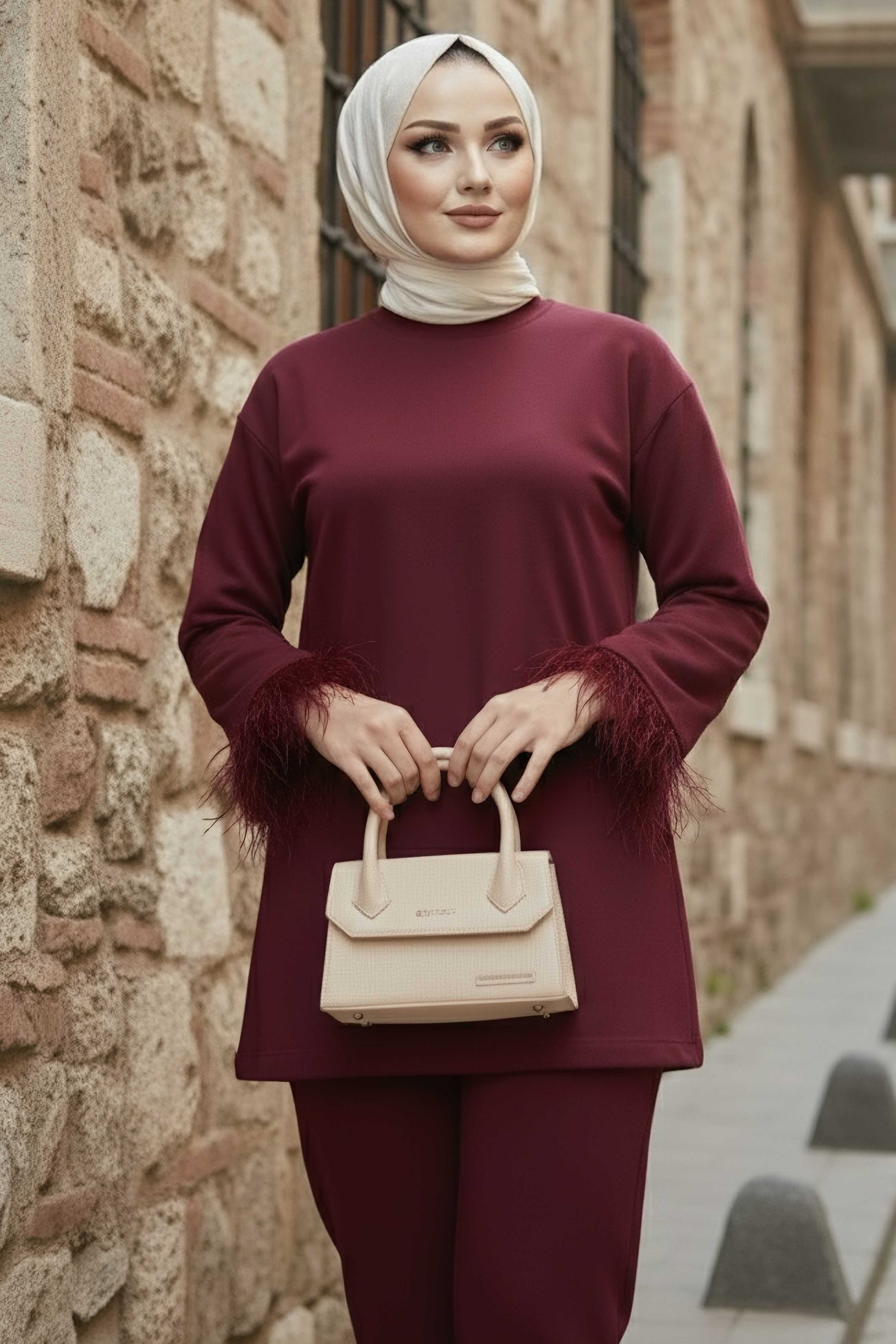 Kol Ucu Tüylü Modal İkili Takım - 088-BORDO - 1