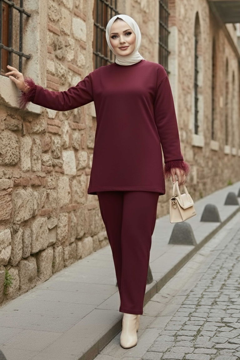 Kol Ucu Tüylü Modal İkili Takım - 088-BORDO - TOFİSA
