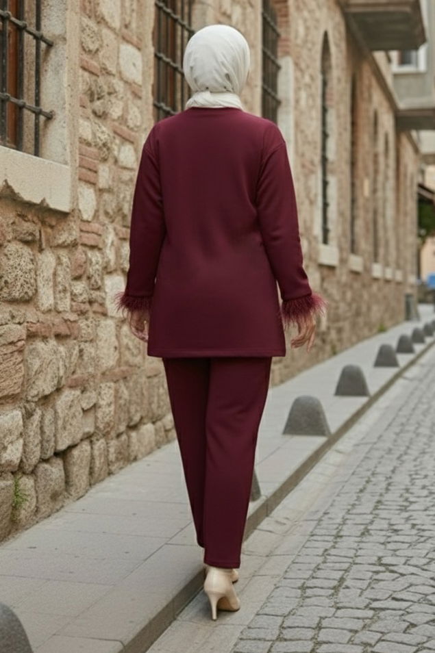 Kol Ucu Tüylü Modal İkili Takım - 088-BORDO - 3