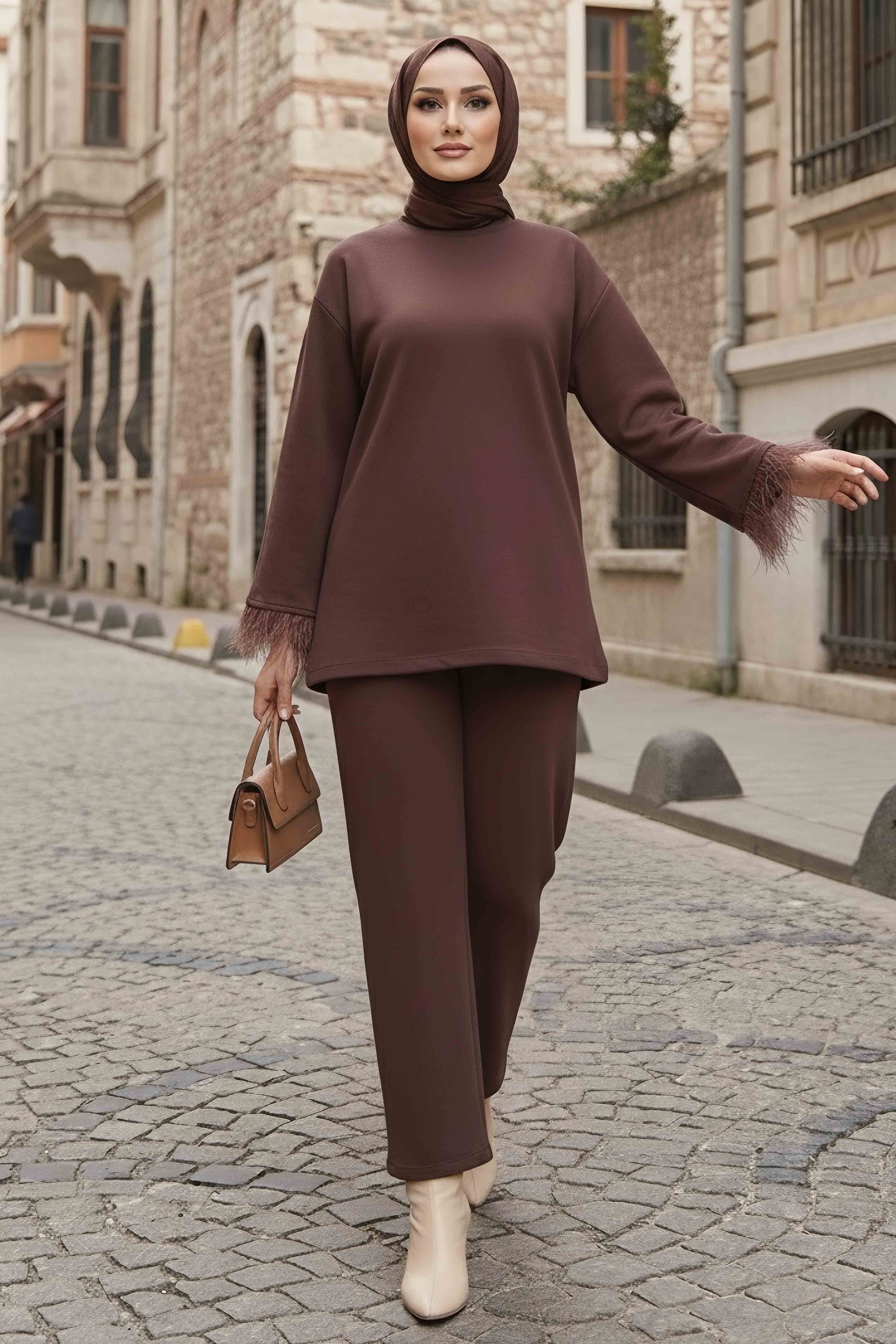 Kol Ucu Tüylü Modal İkili Takım - 088-KAHVE - 2
