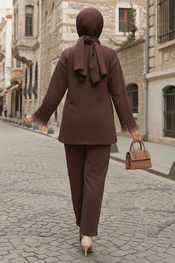 Kol Ucu Tüylü Modal İkili Takım - 088-KAHVE - 3