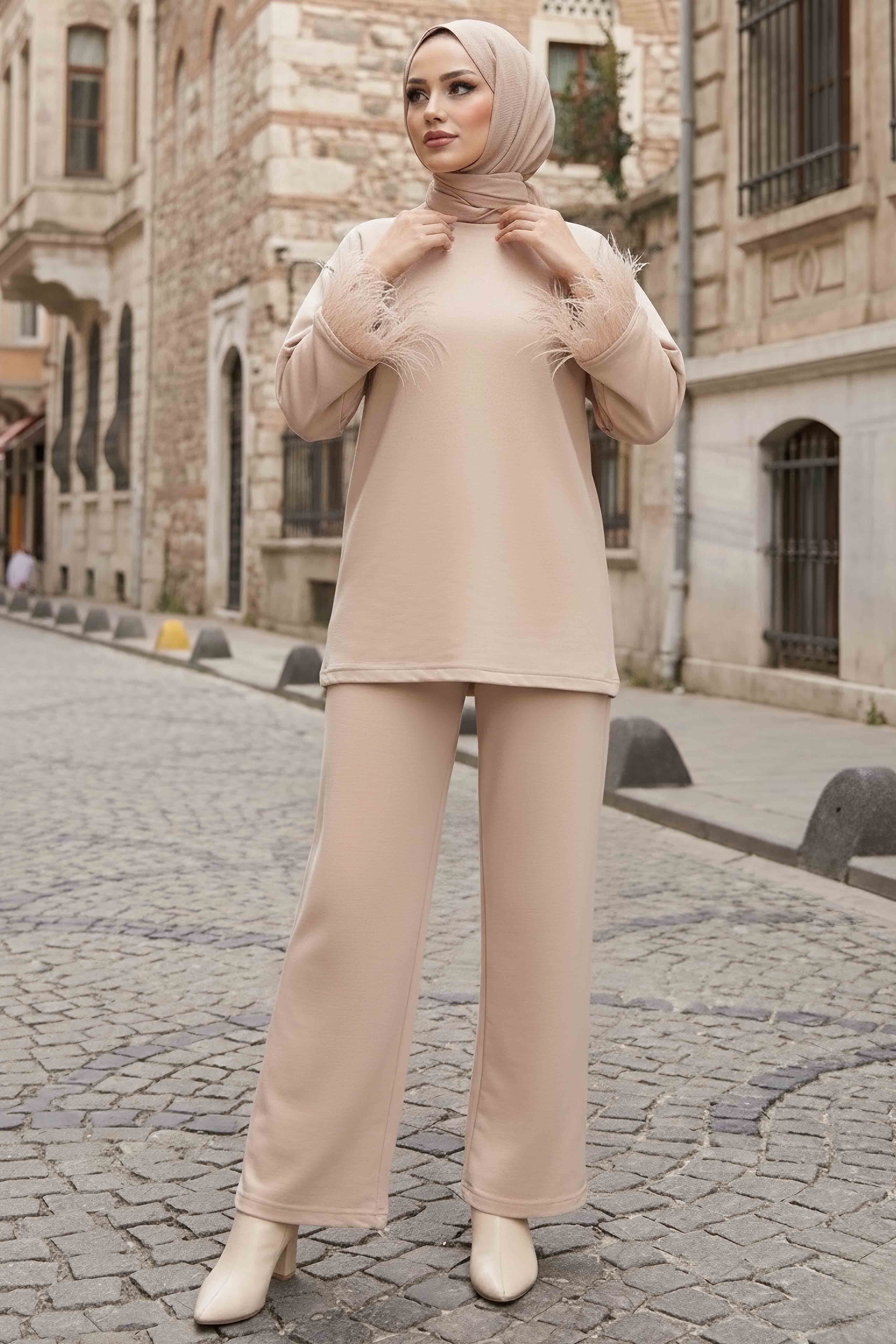 Kol Ucu Tüylü Modal İkili Takım - 088-KREM - 2