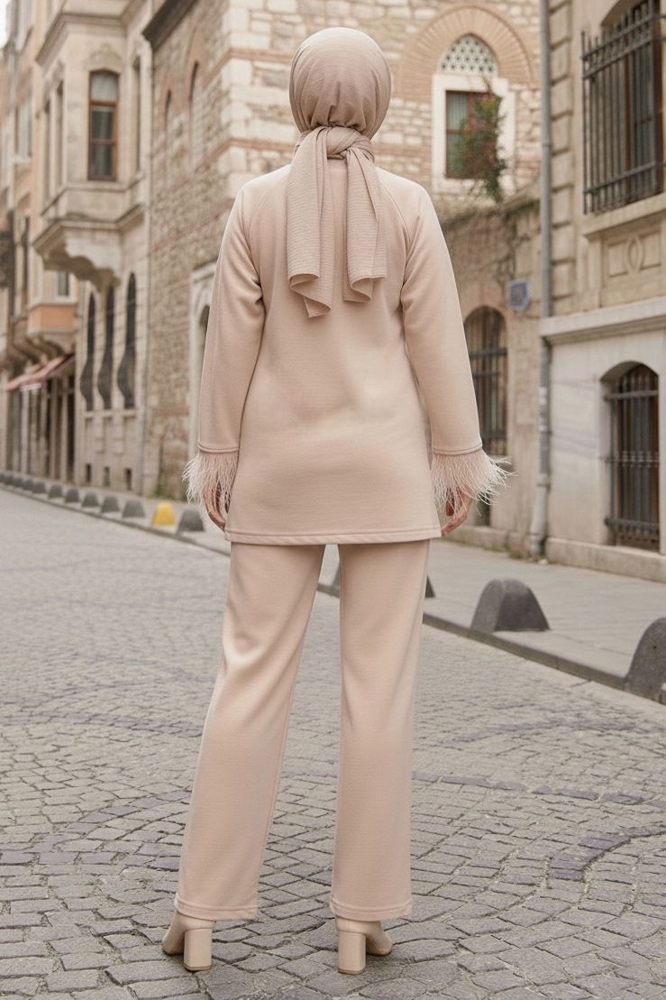 Kol Ucu Tüylü Modal İkili Takım - 088-KREM - 3