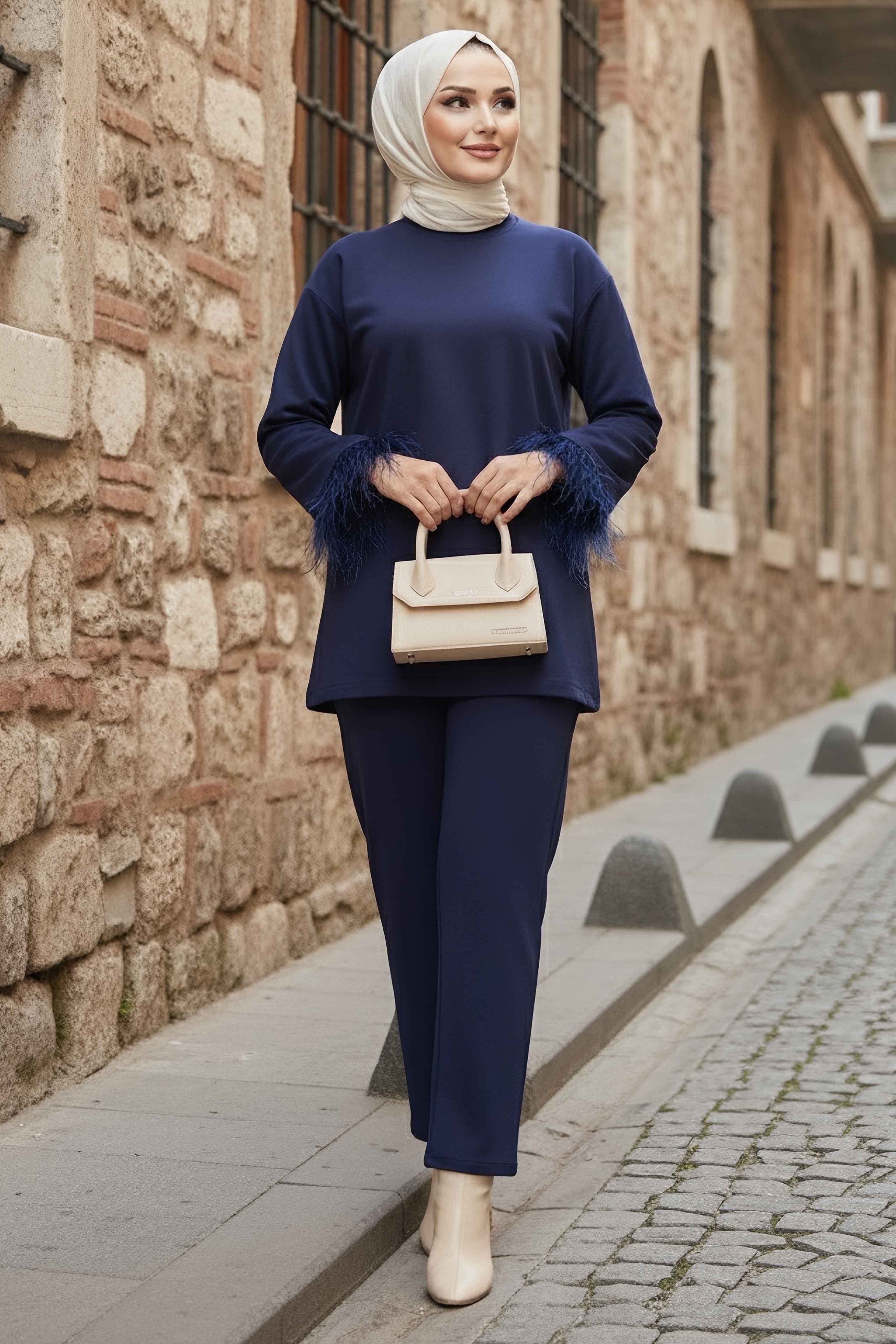 Kol Ucu Tüylü Modal İkili Takım - 088-LACIVERT - 1