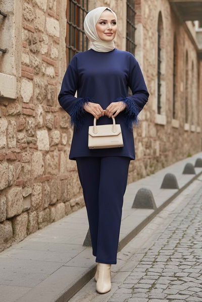 Kol Ucu Tüylü Modal İkili Takım - 088-LACIVERT 