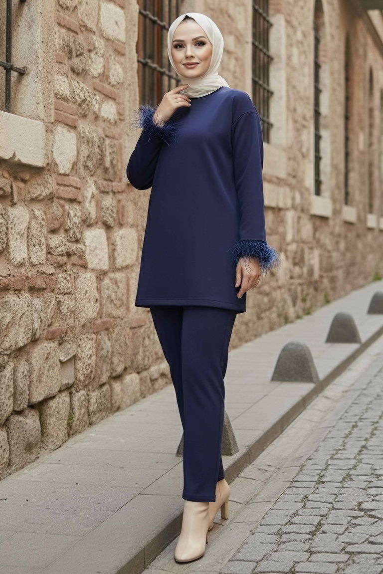 Kol Ucu Tüylü Modal İkili Takım - 088-LACIVERT - TOFİSA