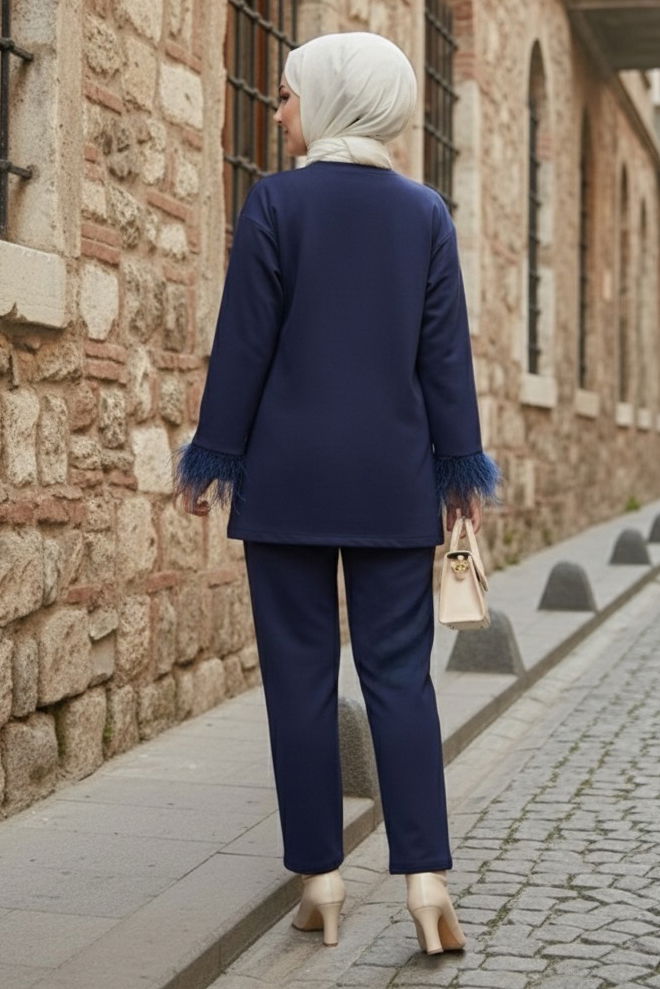 Kol Ucu Tüylü Modal İkili Takım - 088-LACIVERT - TOFİSA