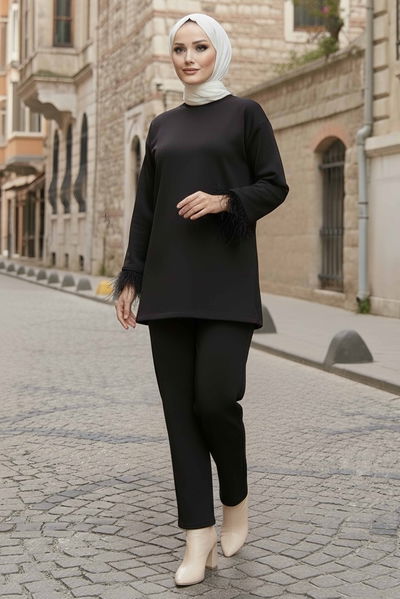 Kol Ucu Tüylü Modal İkili Takım - 088-SIYAH 