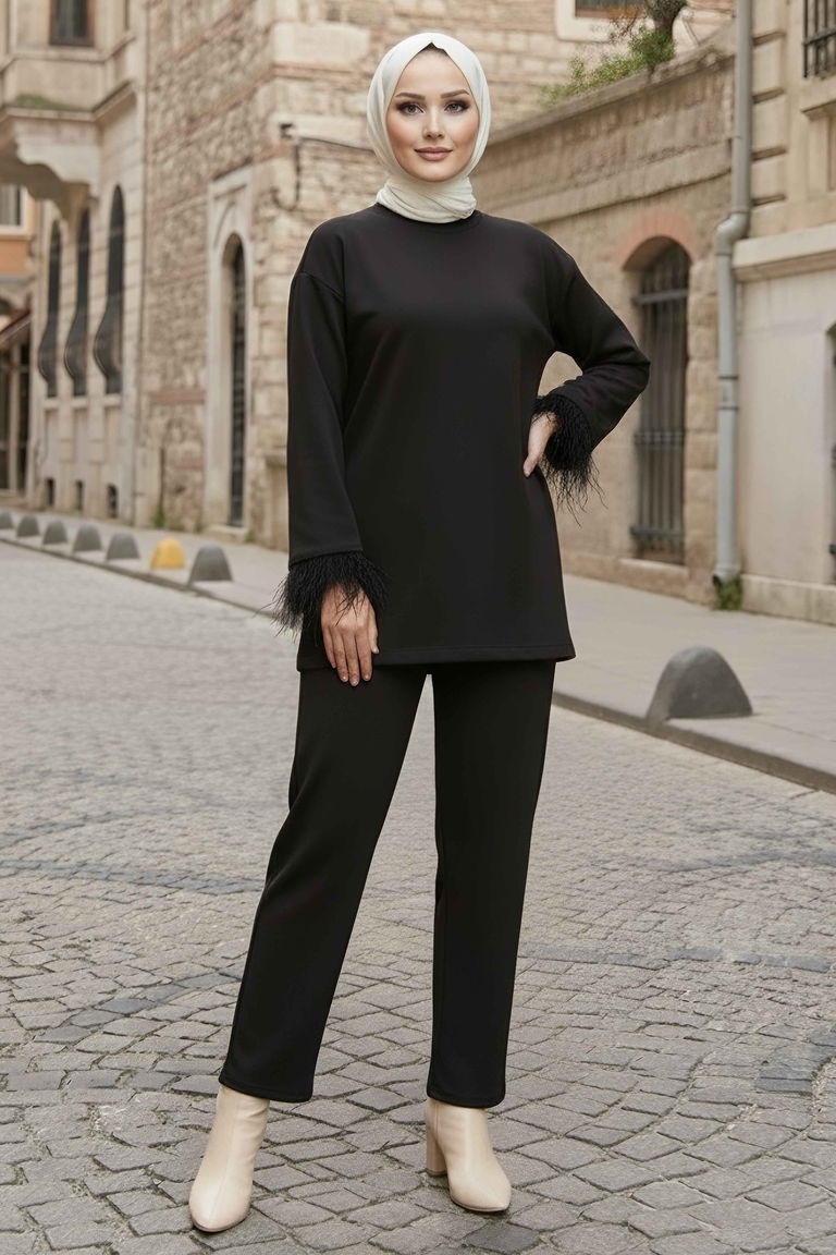 Kol Ucu Tüylü Modal İkili Takım - 088-SIYAH - TOFİSA