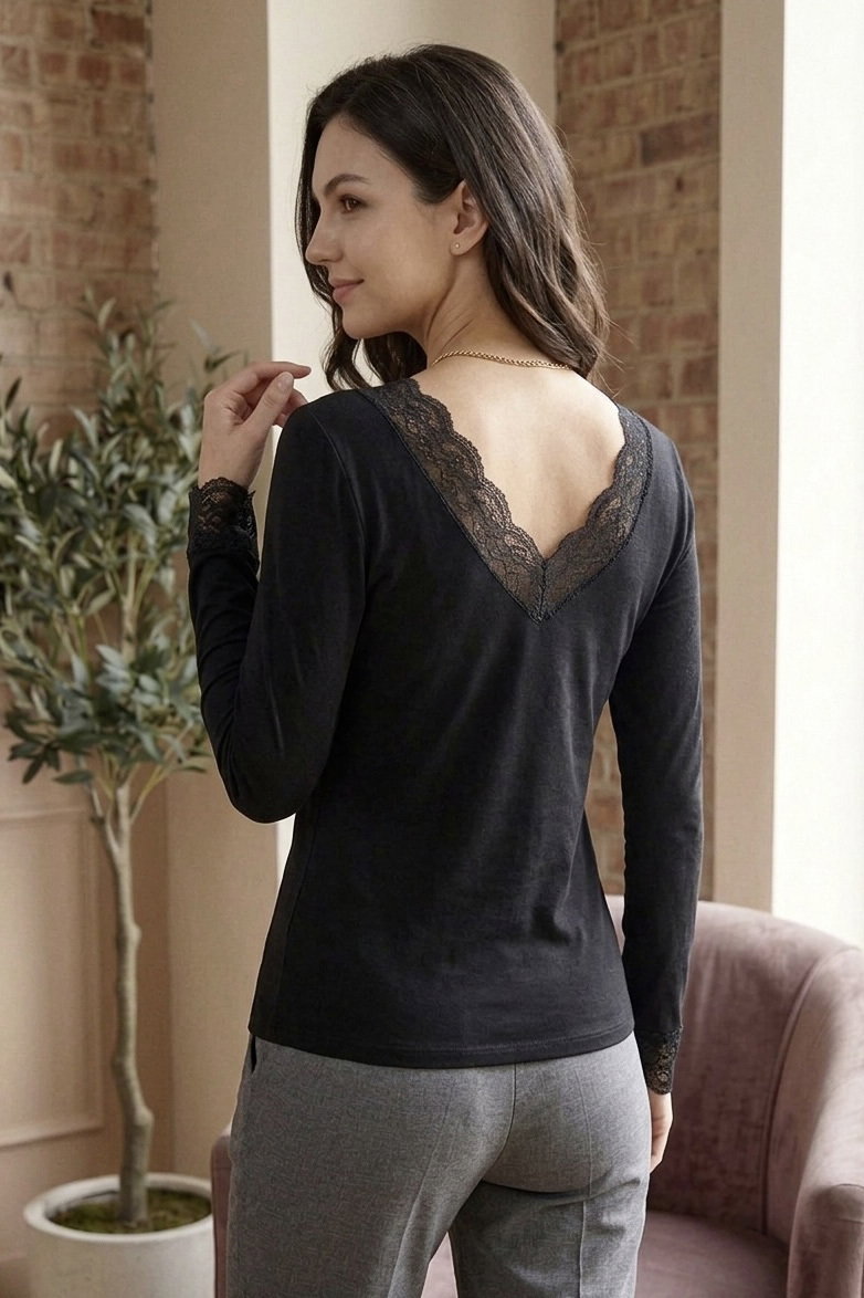 Kol Ucu Yaka Dantelli Bluz - 28422-SIYAH - 3