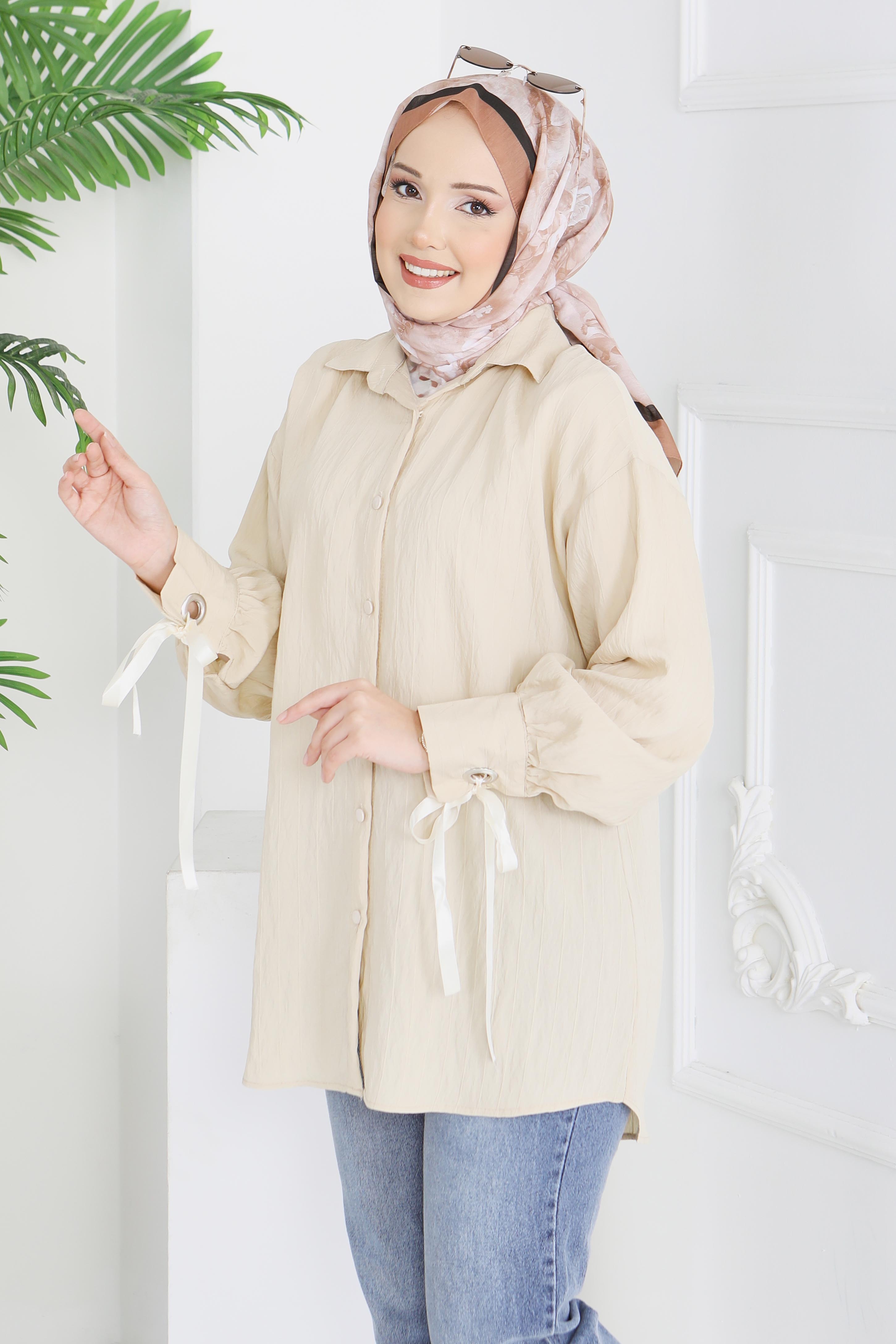 Kol Ucunda Kuşgözü Detaylı Tunik - 28210-BEJ - 1