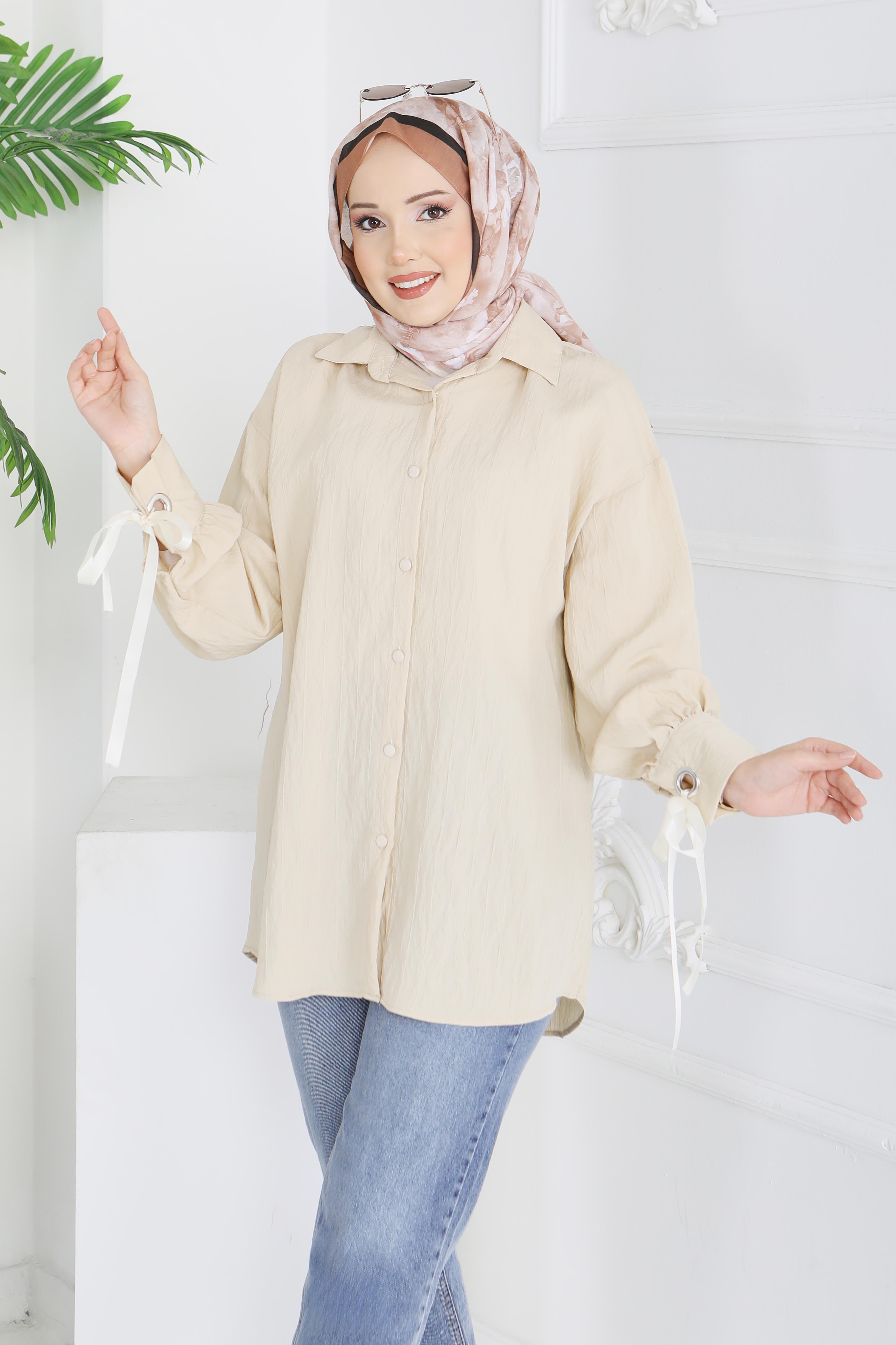 Kol Ucunda Kuşgözü Detaylı Tunik - 28210-BEJ - 3