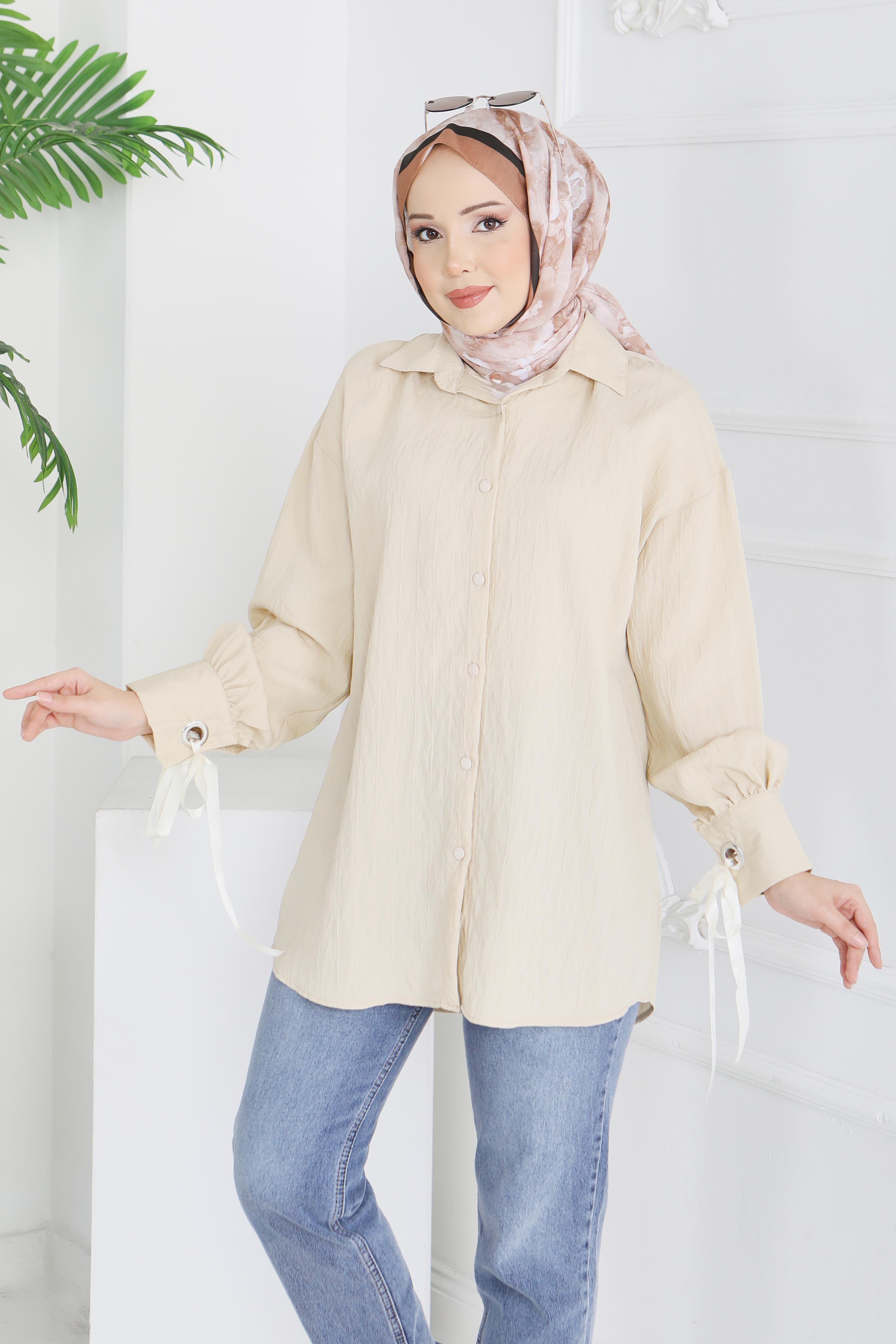 Kol Ucunda Kuşgözü Detaylı Tunik - 28210-BEJ - 4