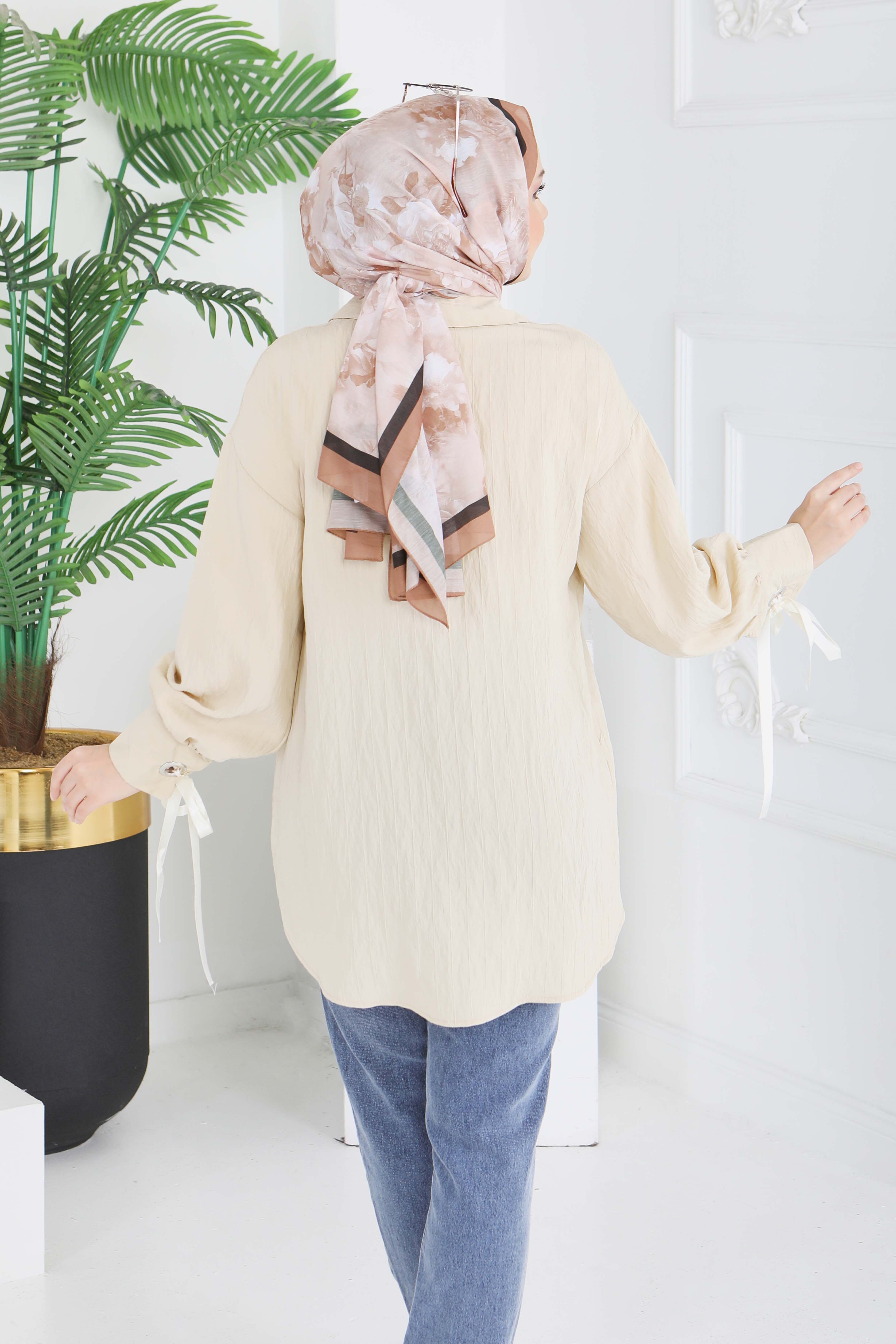 Kol Ucunda Kuşgözü Detaylı Tunik - 28210-BEJ - 5