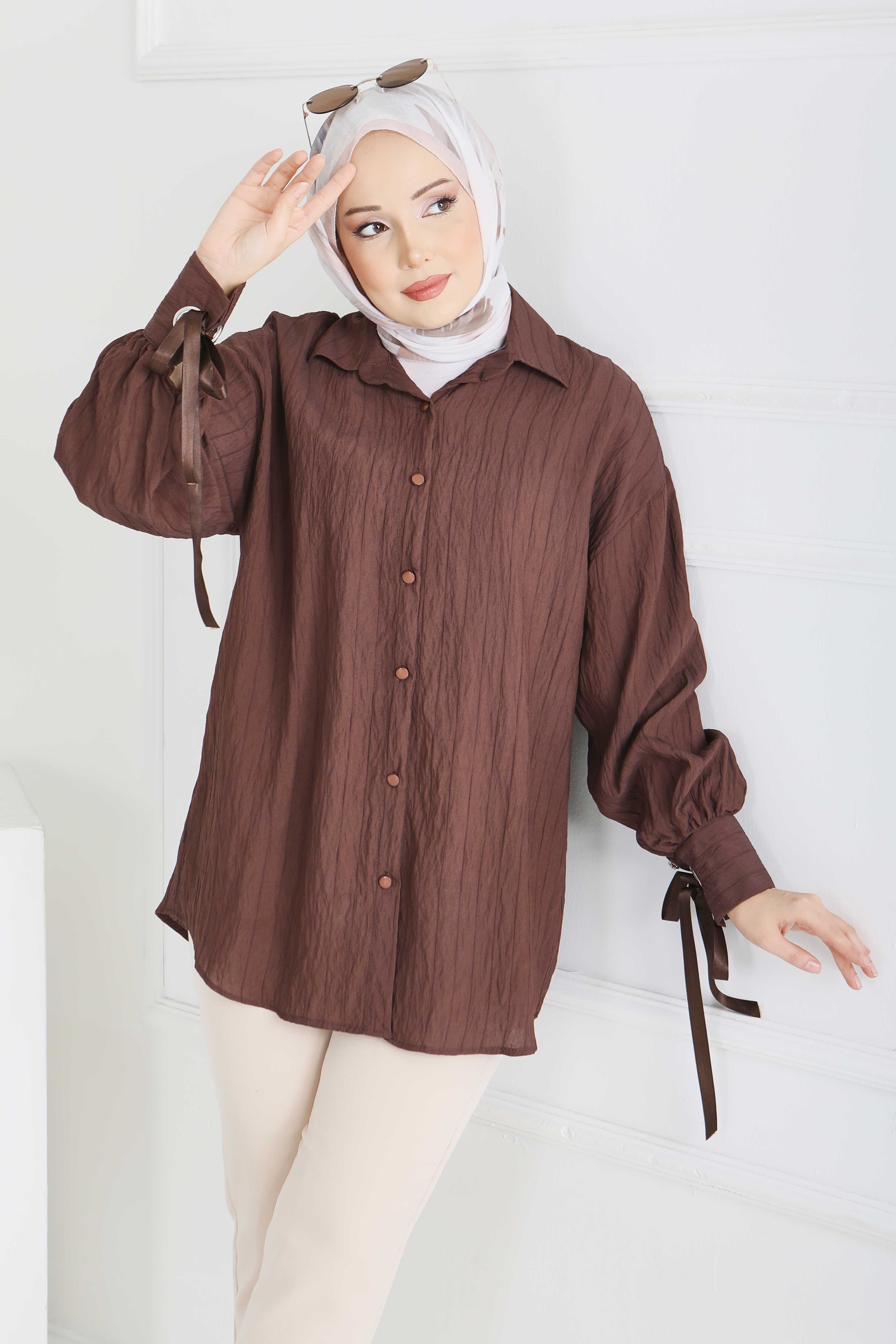 Kol Ucunda Kuşgözü Detaylı Tunik - 28210-KAHVE - 1