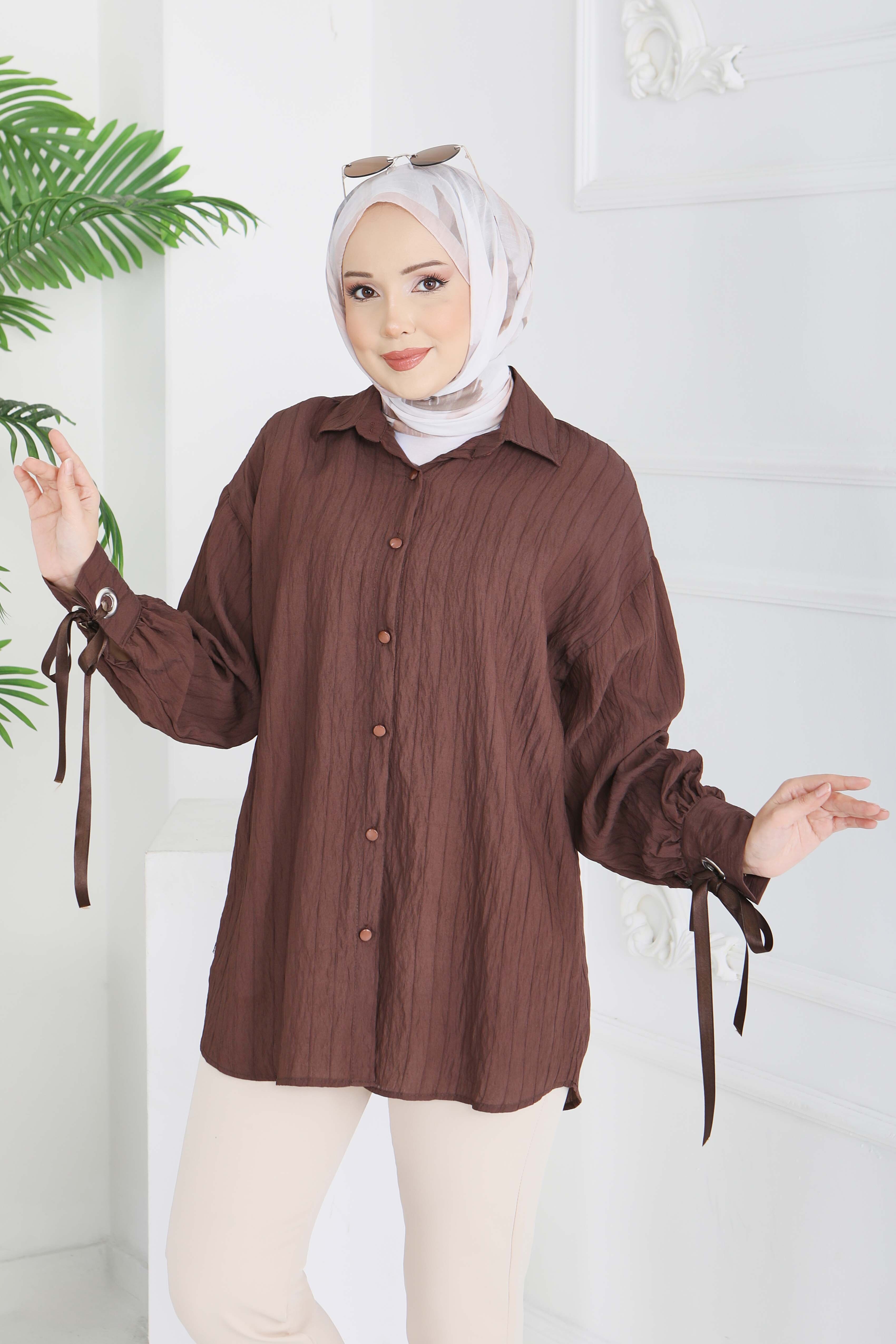 Kol Ucunda Kuşgözü Detaylı Tunik - 28210-KAHVE - 2