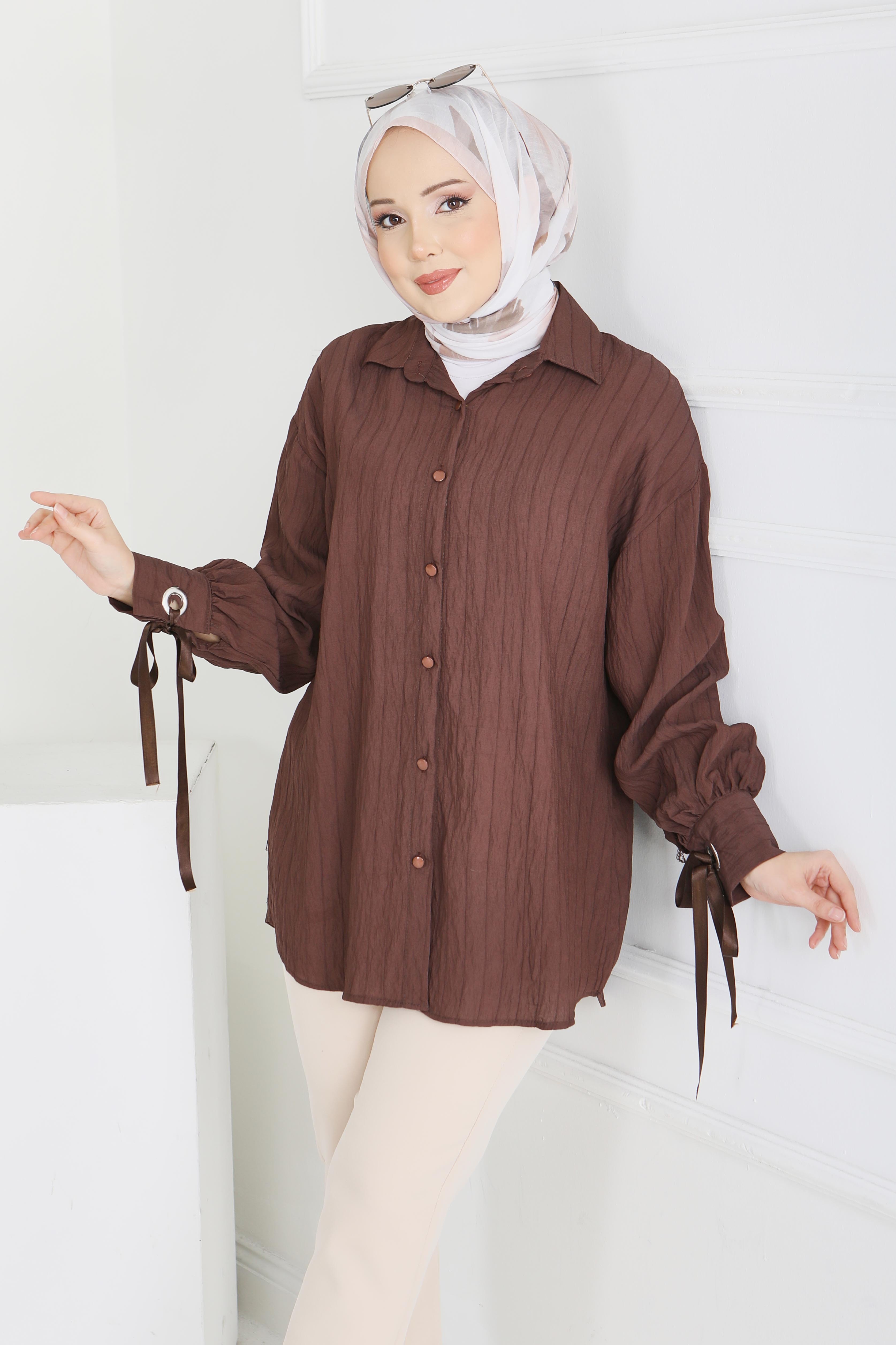 Kol Ucunda Kuşgözü Detaylı Tunik - 28210-KAHVE - 4