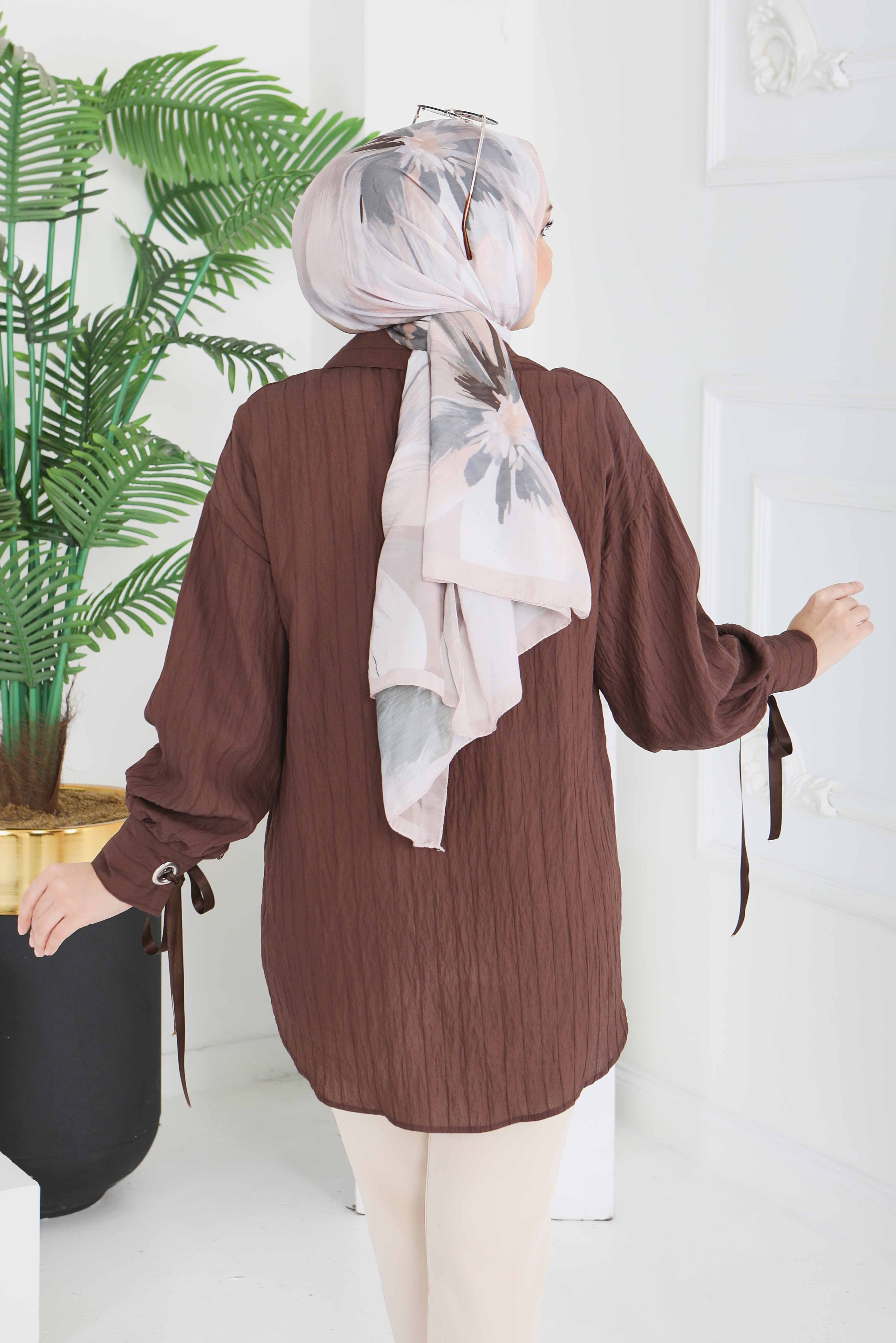 Kol Ucunda Kuşgözü Detaylı Tunik - 28210-KAHVE - 5