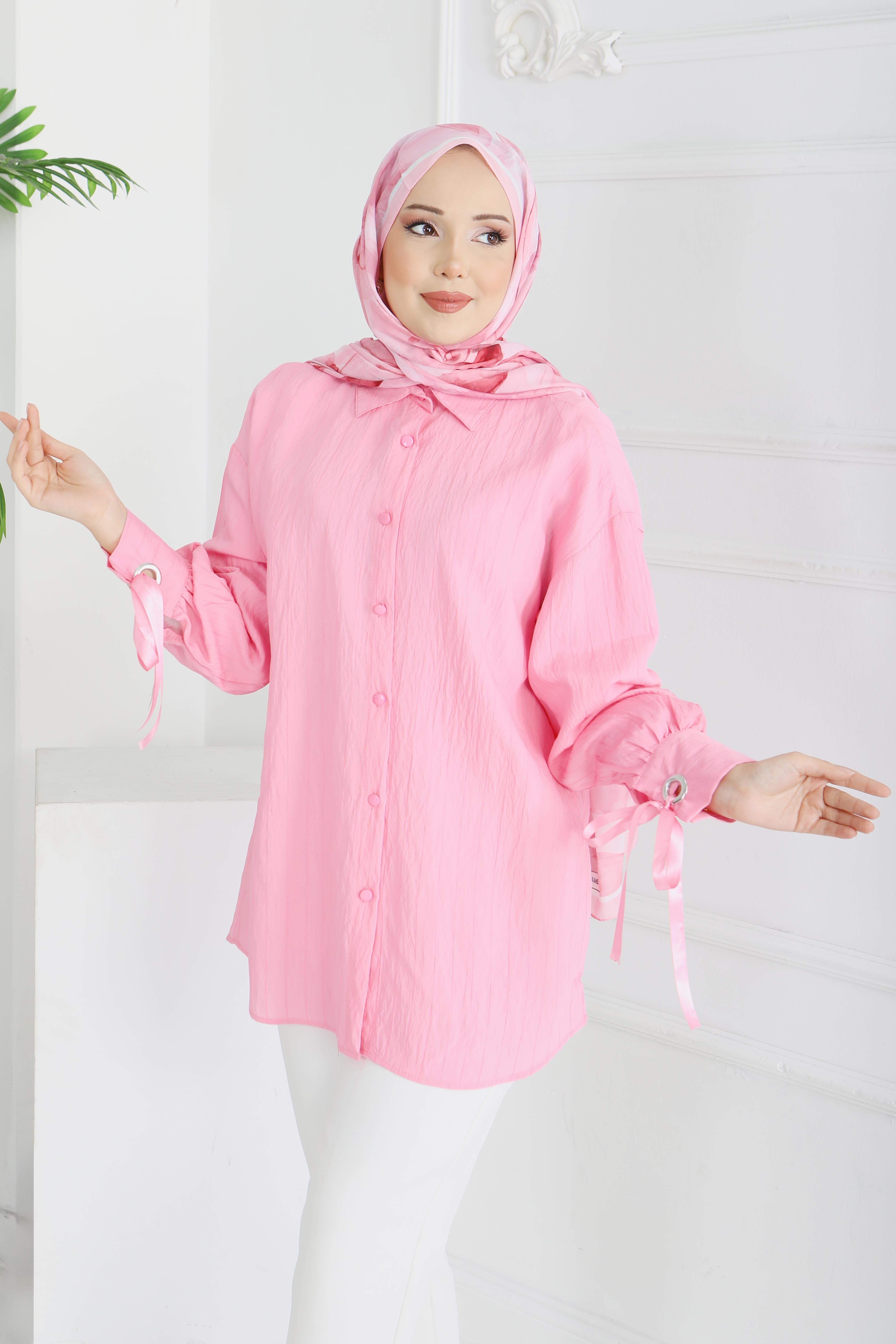 Kol Ucunda Kuşgözü Detaylı Tunik - 28210-PEMBE - 3