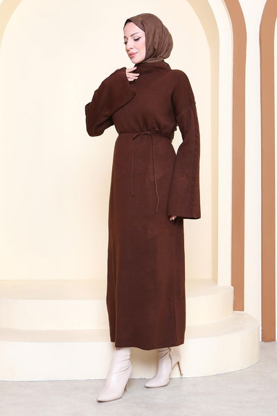 Kolda Örgü Detaylı Triko Elbise - 27925-KAHVE 