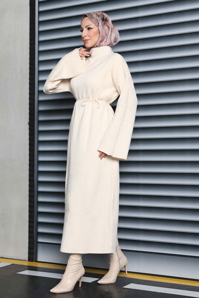 Kolda Örgü Detaylı Triko Elbise - 27925-KREM 