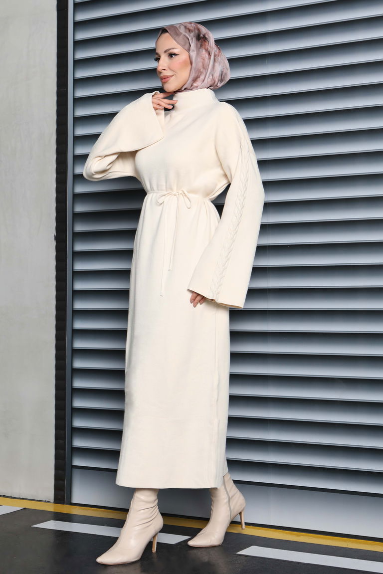 Kolda Örgü Detaylı Triko Elbise - 27925-KREM - TOFİSA