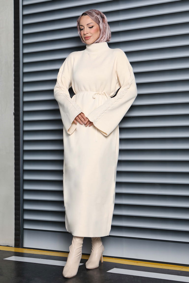 Kolda Örgü Detaylı Triko Elbise - 27925-KREM - TOFİSA