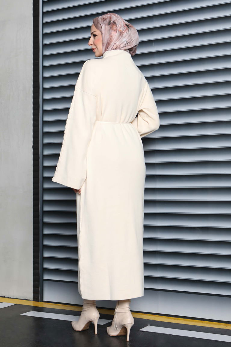 Kolda Örgü Detaylı Triko Elbise - 27925-KREM - TOFİSA