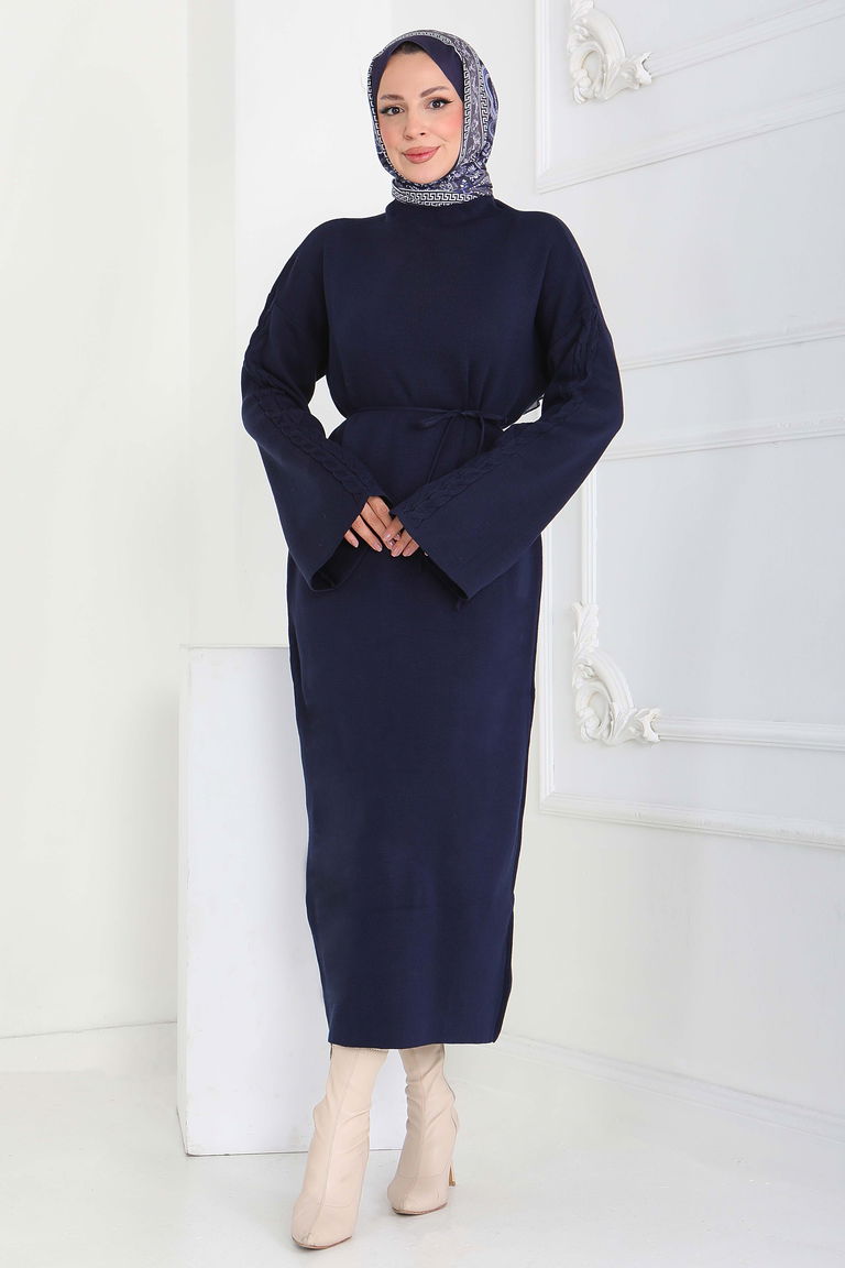 Kolda Örgü Detaylı Triko Elbise - 27925-LACIVERT - TOFİSA
