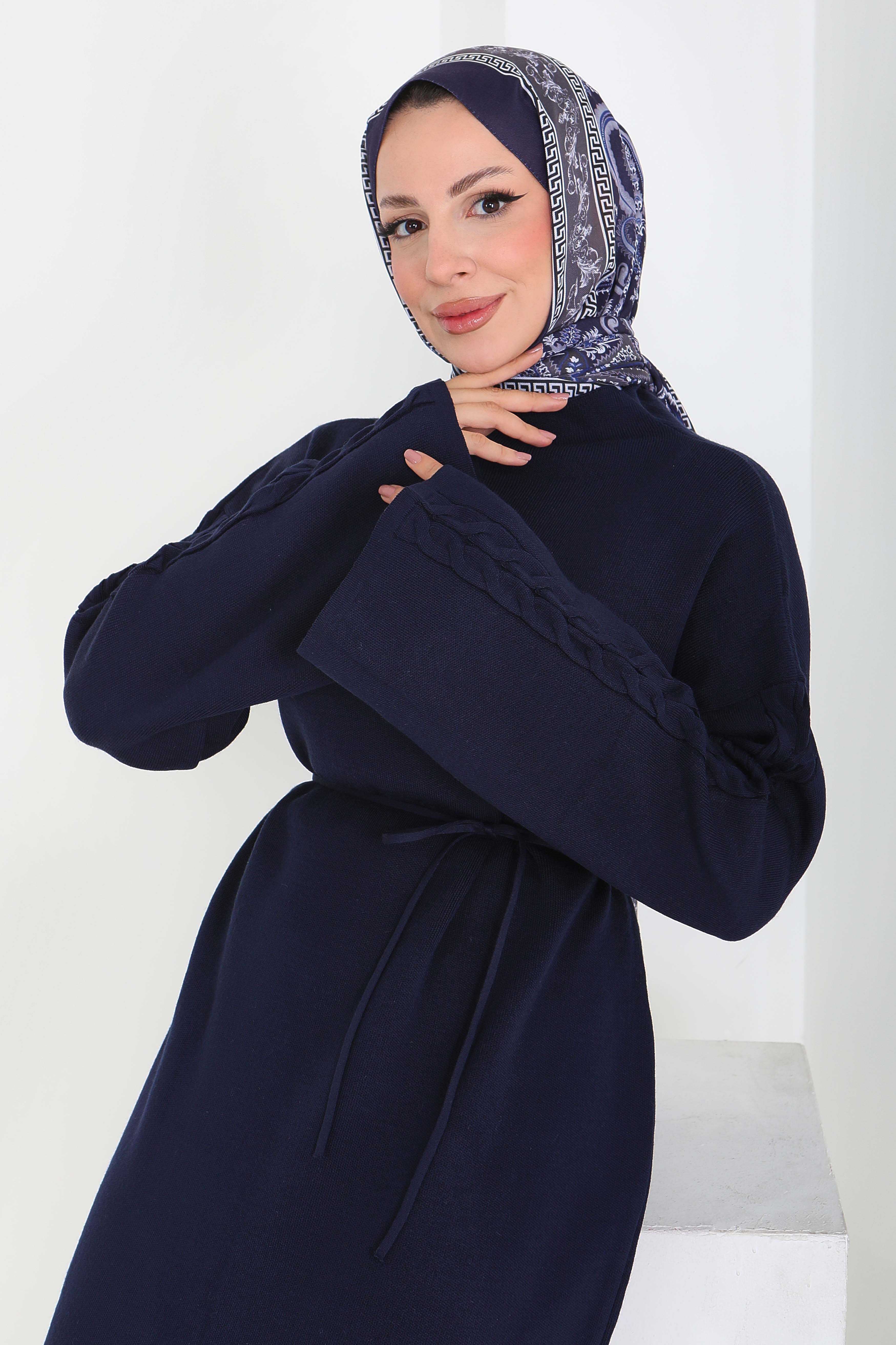 Kolda Örgü Detaylı Triko Elbise - 27925-LACIVERT - 2