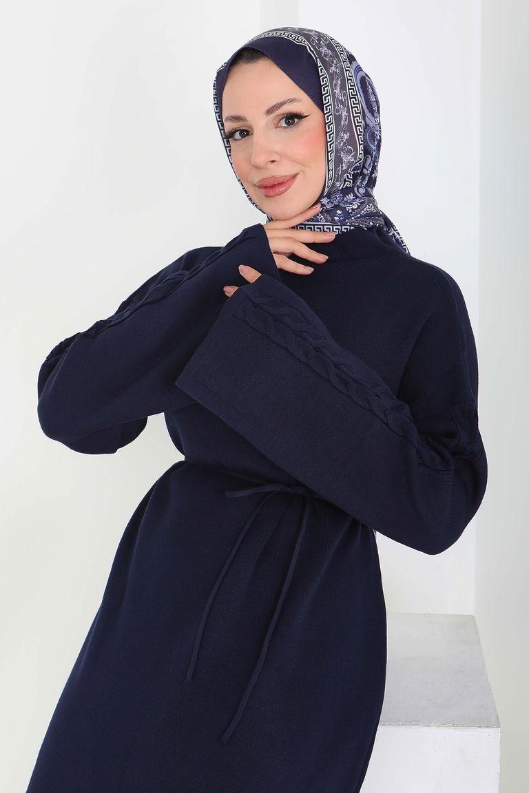 Kolda Örgü Detaylı Triko Elbise - 27925-LACIVERT - TOFİSA