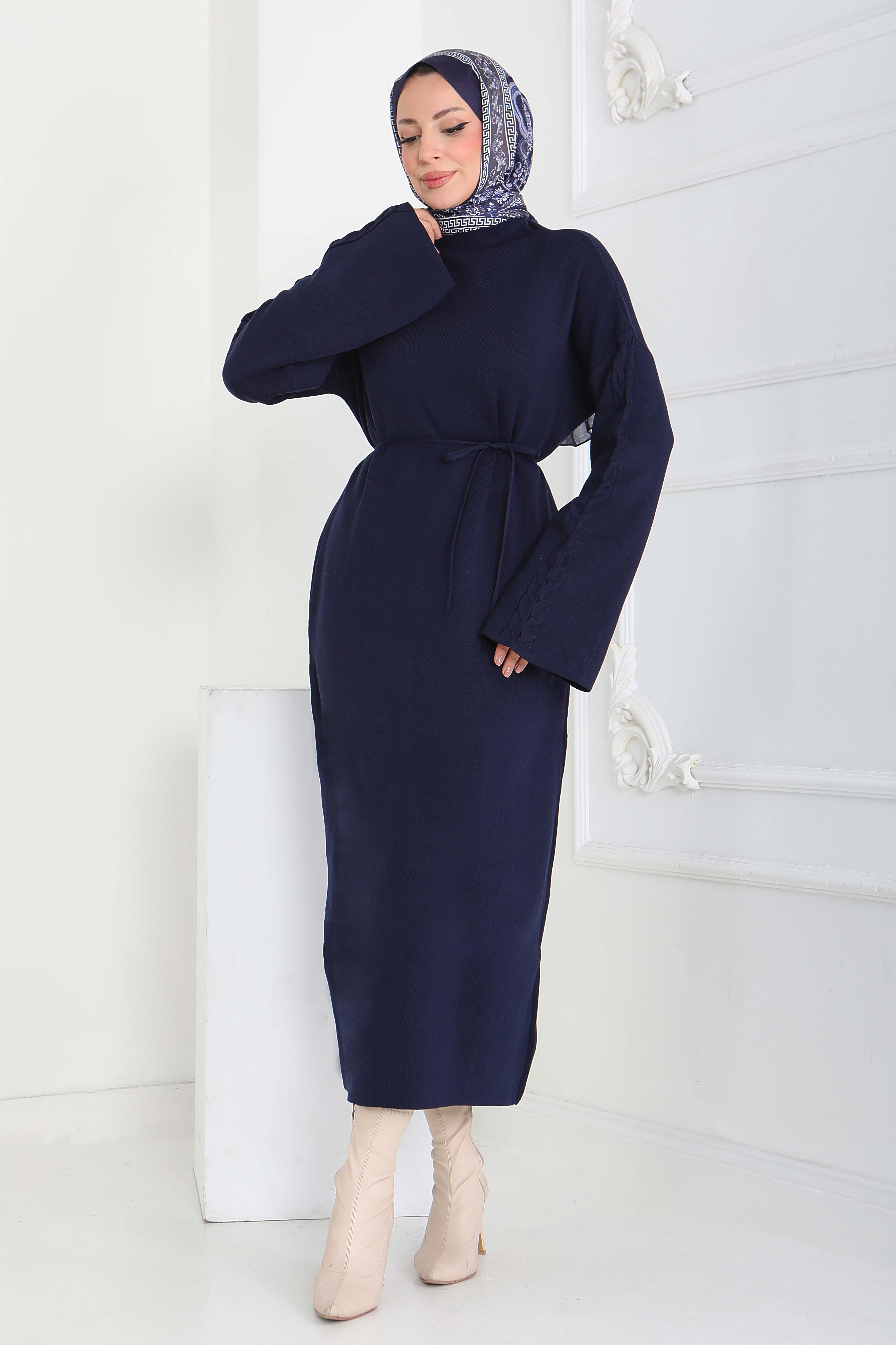 Kolda Örgü Detaylı Triko Elbise - 27925-LACIVERT - 3