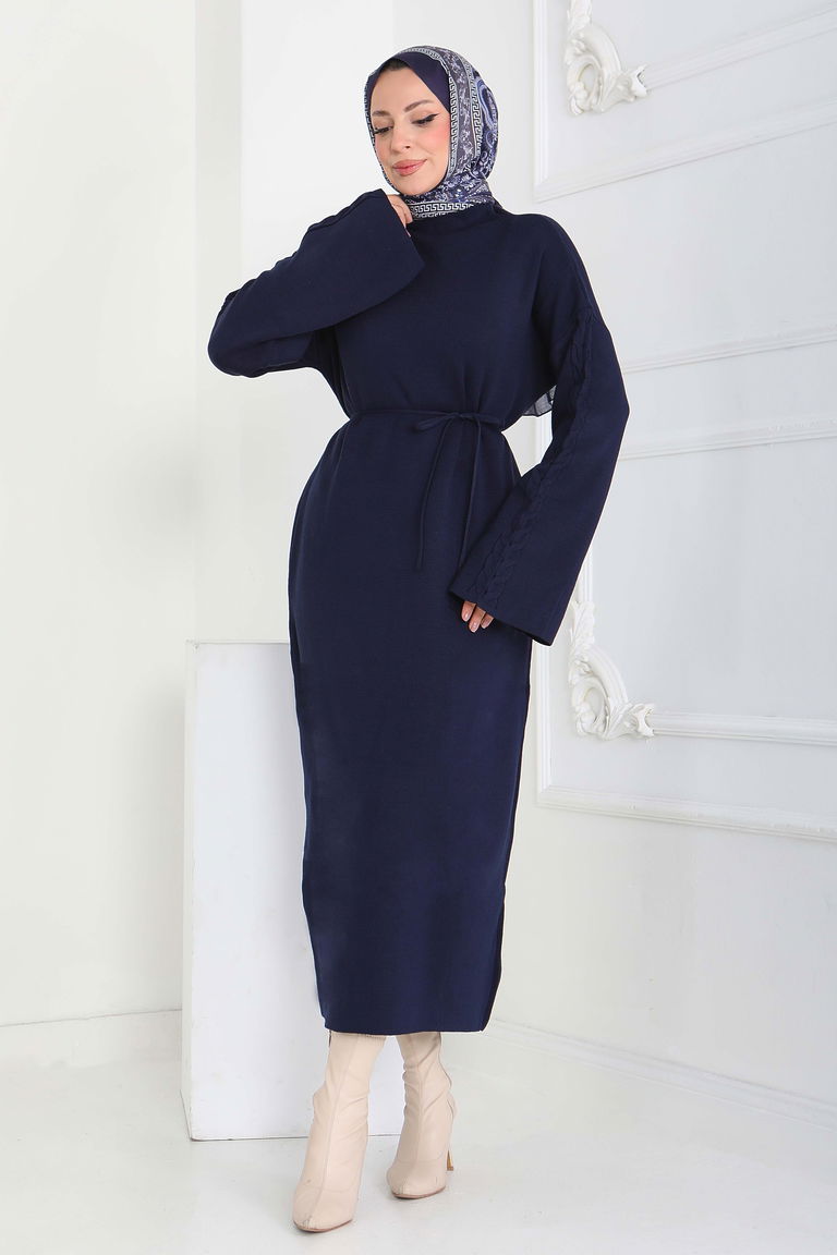 Kolda Örgü Detaylı Triko Elbise - 27925-LACIVERT - TOFİSA