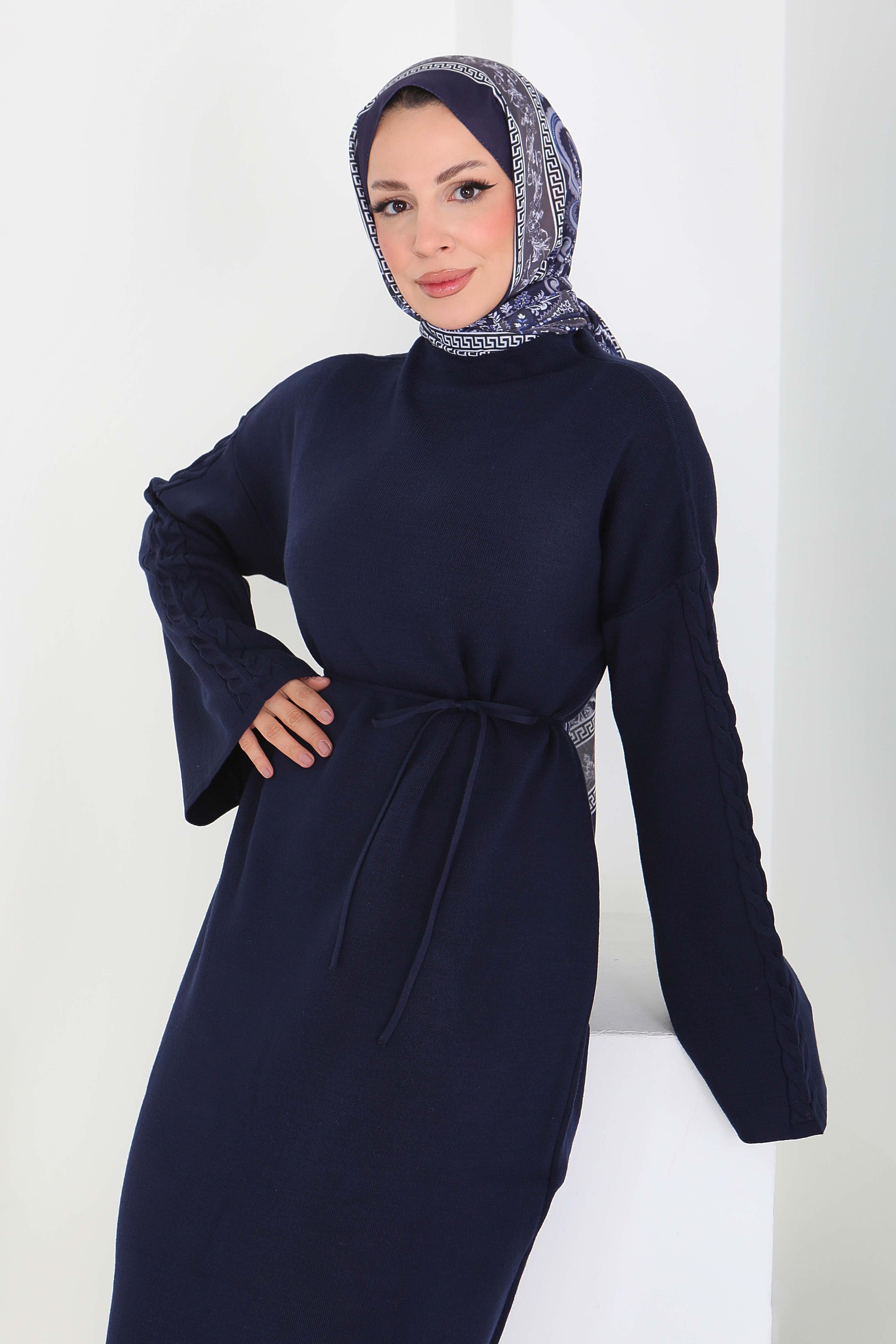 Kolda Örgü Detaylı Triko Elbise - 27925-LACIVERT - 4