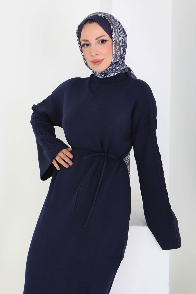 Kolda Örgü Detaylı Triko Elbise - 27925-LACIVERT - TOFİSA