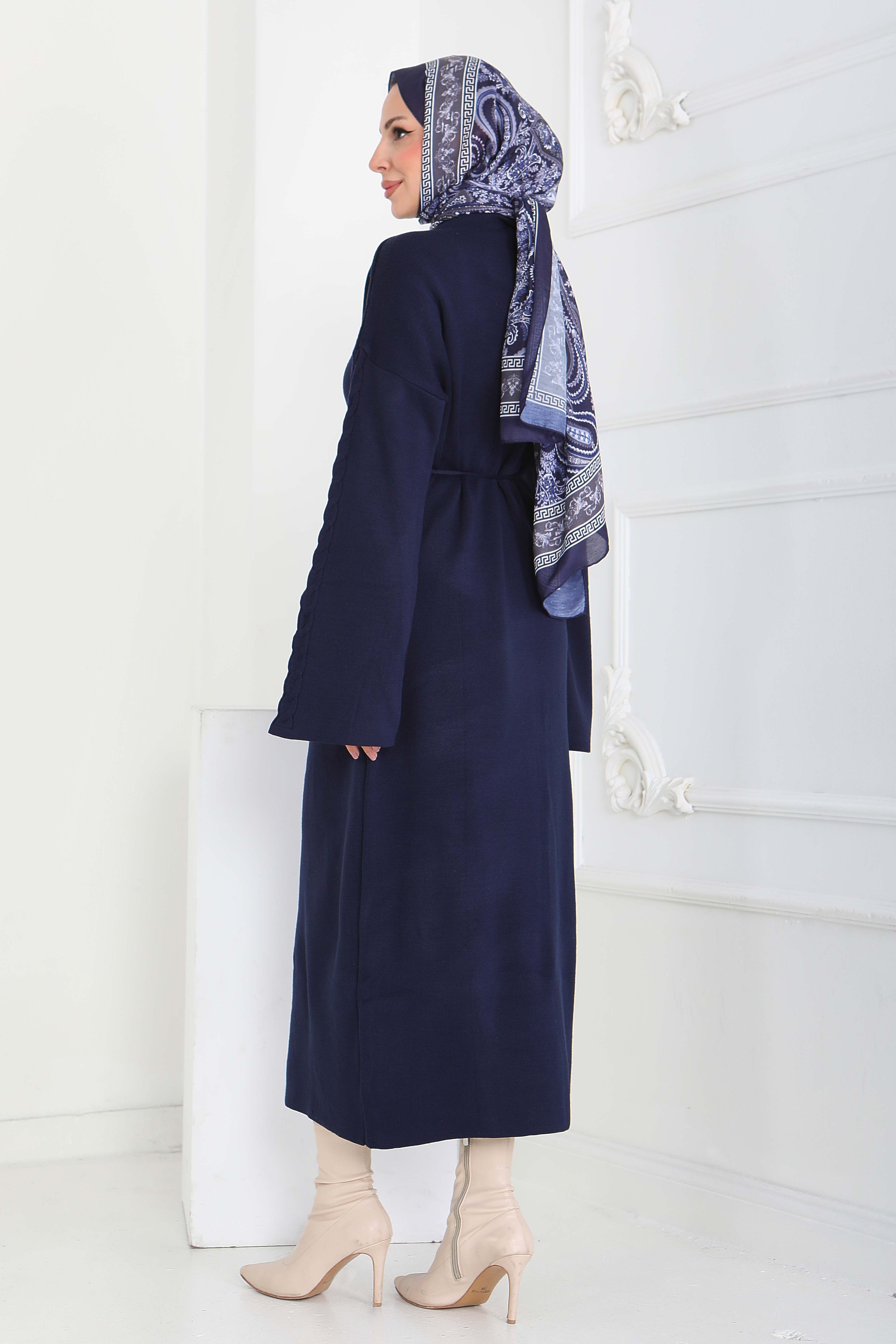 Kolda Örgü Detaylı Triko Elbise - 27925-LACIVERT - 5