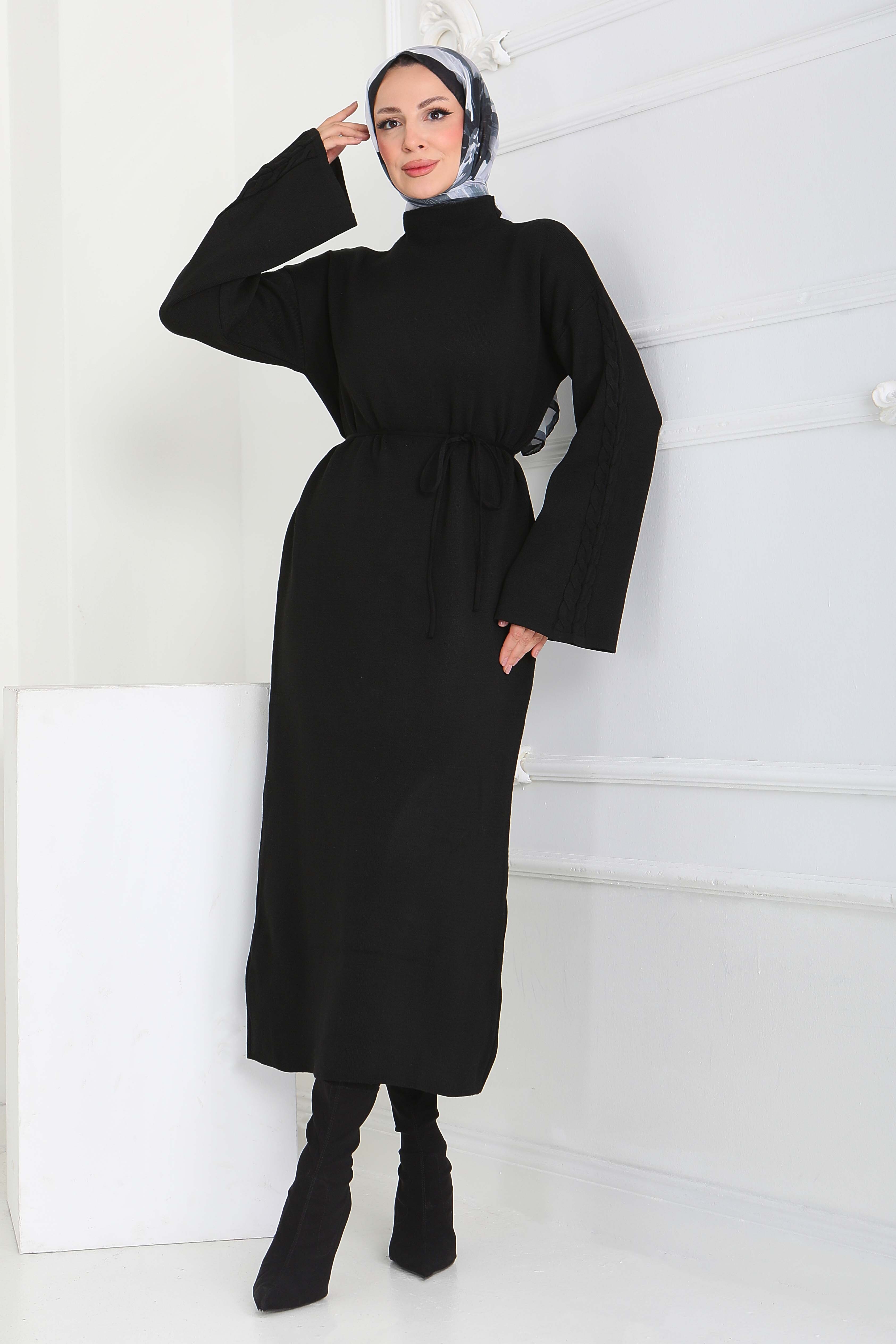 Kolda Örgü Detaylı Triko Elbise - 27925-SIYAH - 1