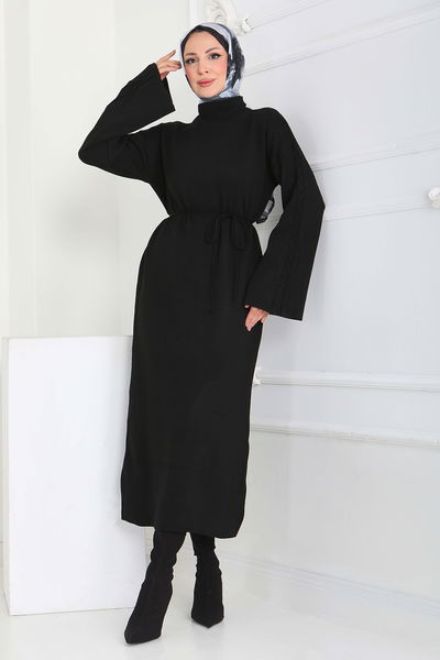 Kolda Örgü Detaylı Triko Elbise - 27925-SIYAH 