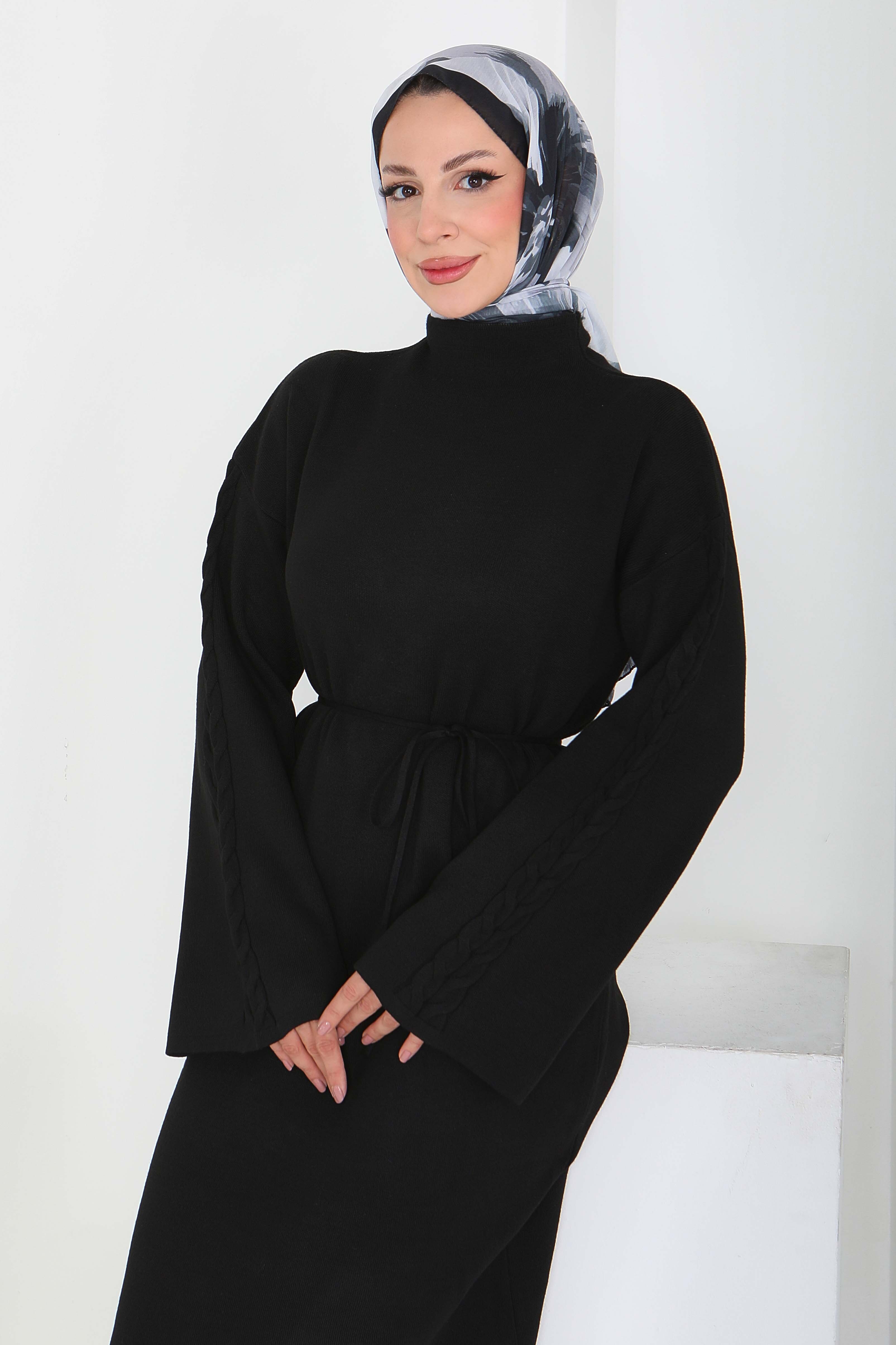 Kolda Örgü Detaylı Triko Elbise - 27925-SIYAH - 2