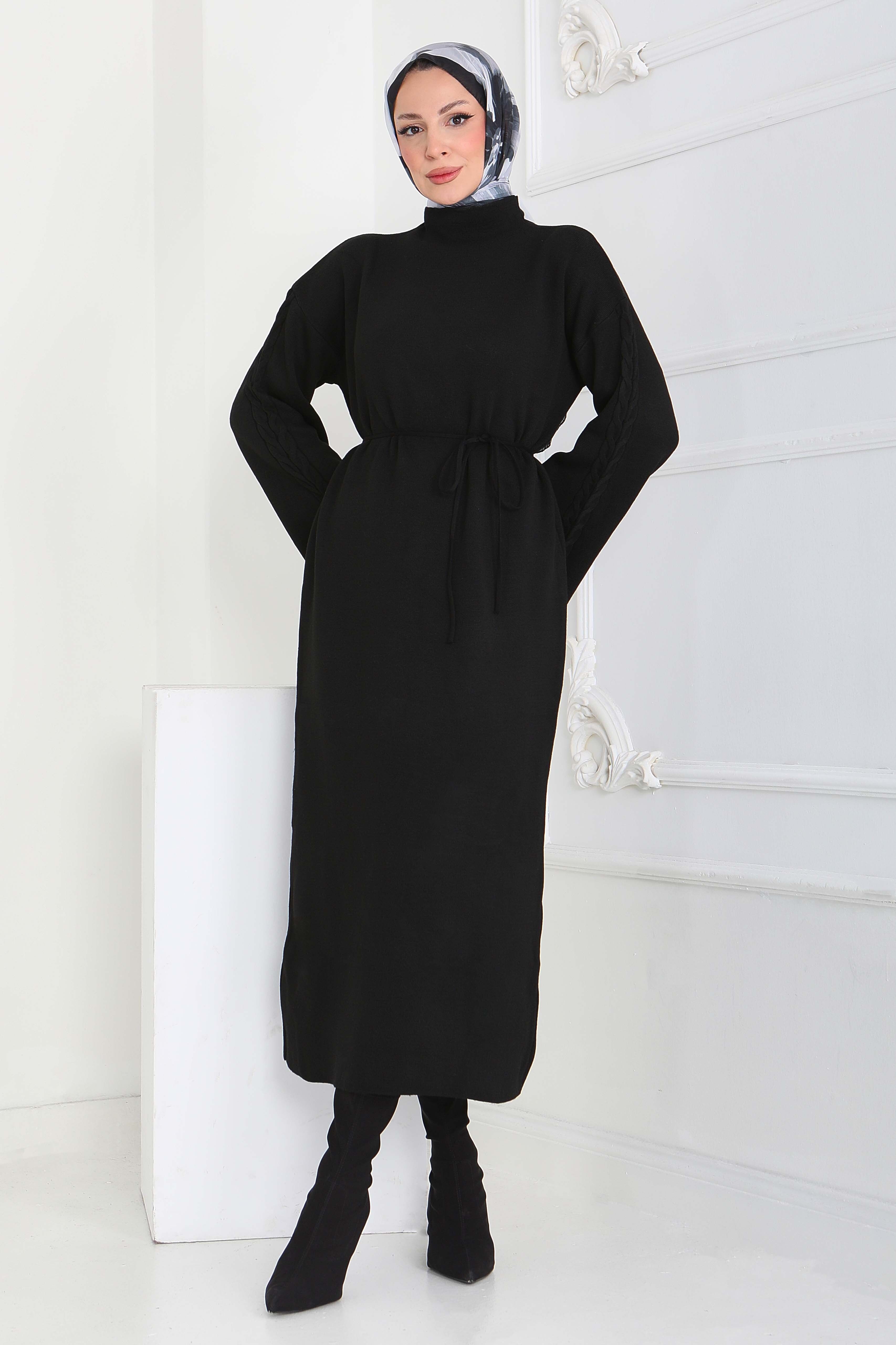 Kolda Örgü Detaylı Triko Elbise - 27925-SIYAH - 3