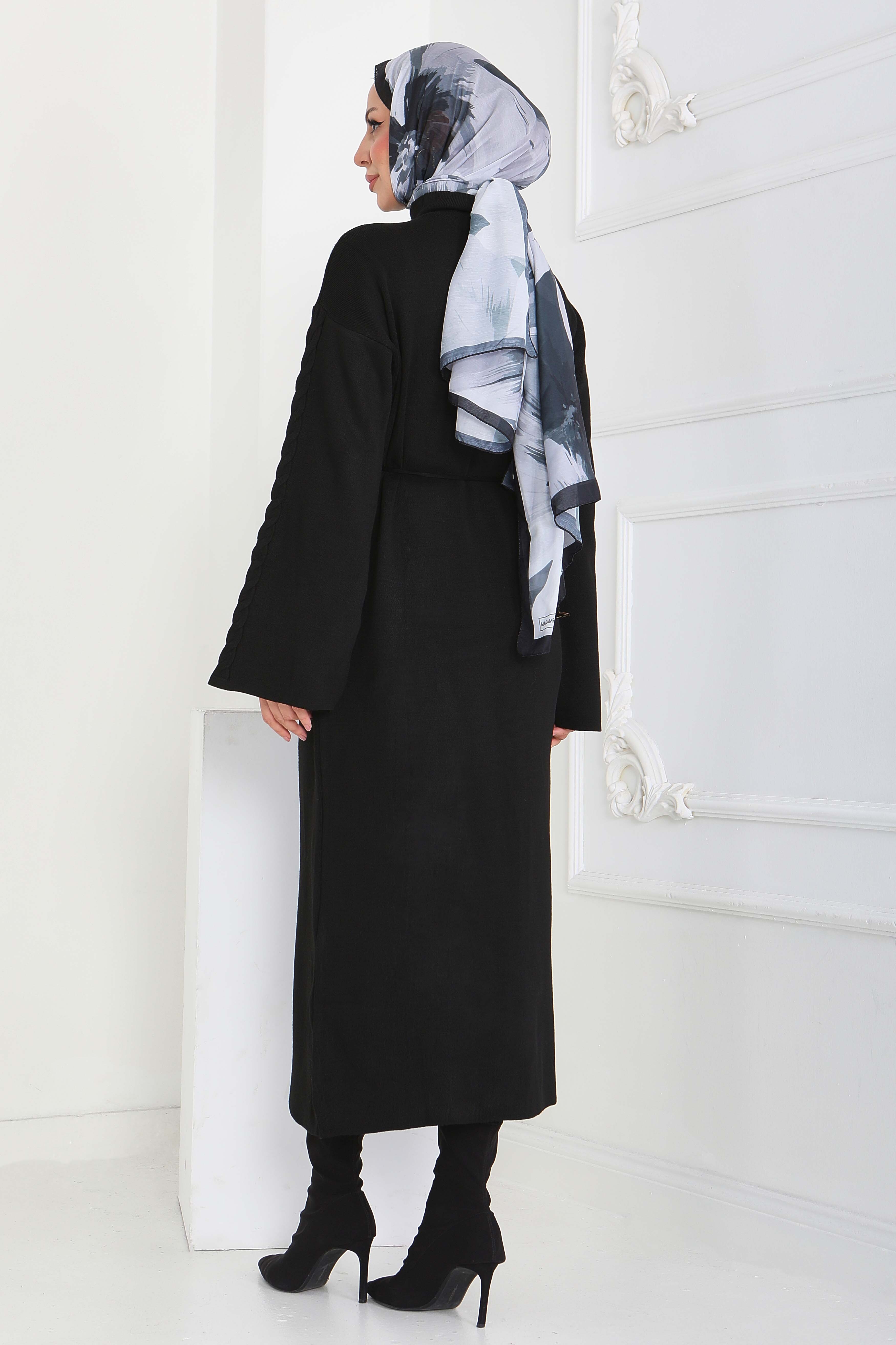 Kolda Örgü Detaylı Triko Elbise - 27925-SIYAH - 5